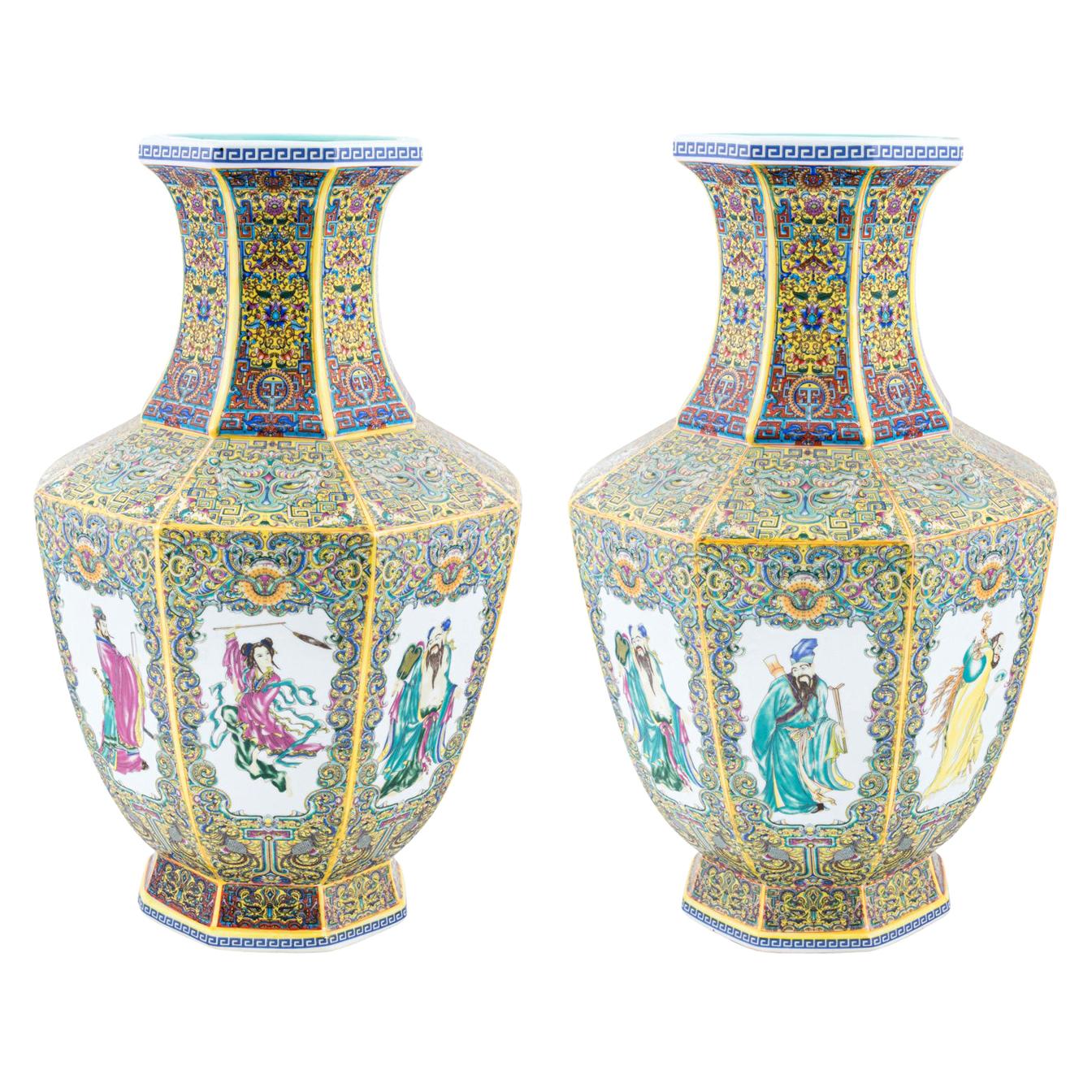 Pair of Octagonal Multicolored Chinese Vases