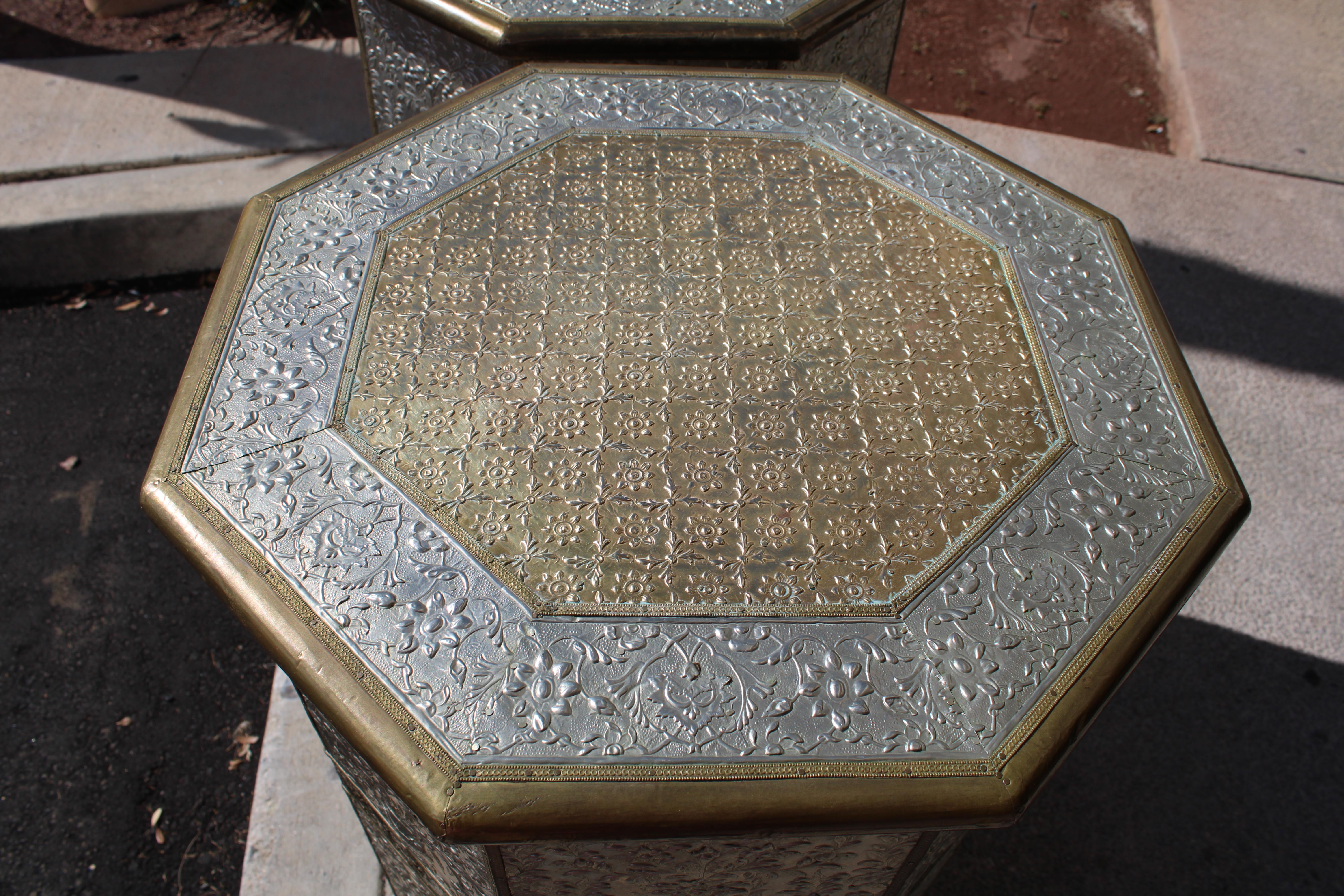 Art Deco Pair of Octagonal Pedestals with Applied Brass and Tin Repoussé Panels For Sale