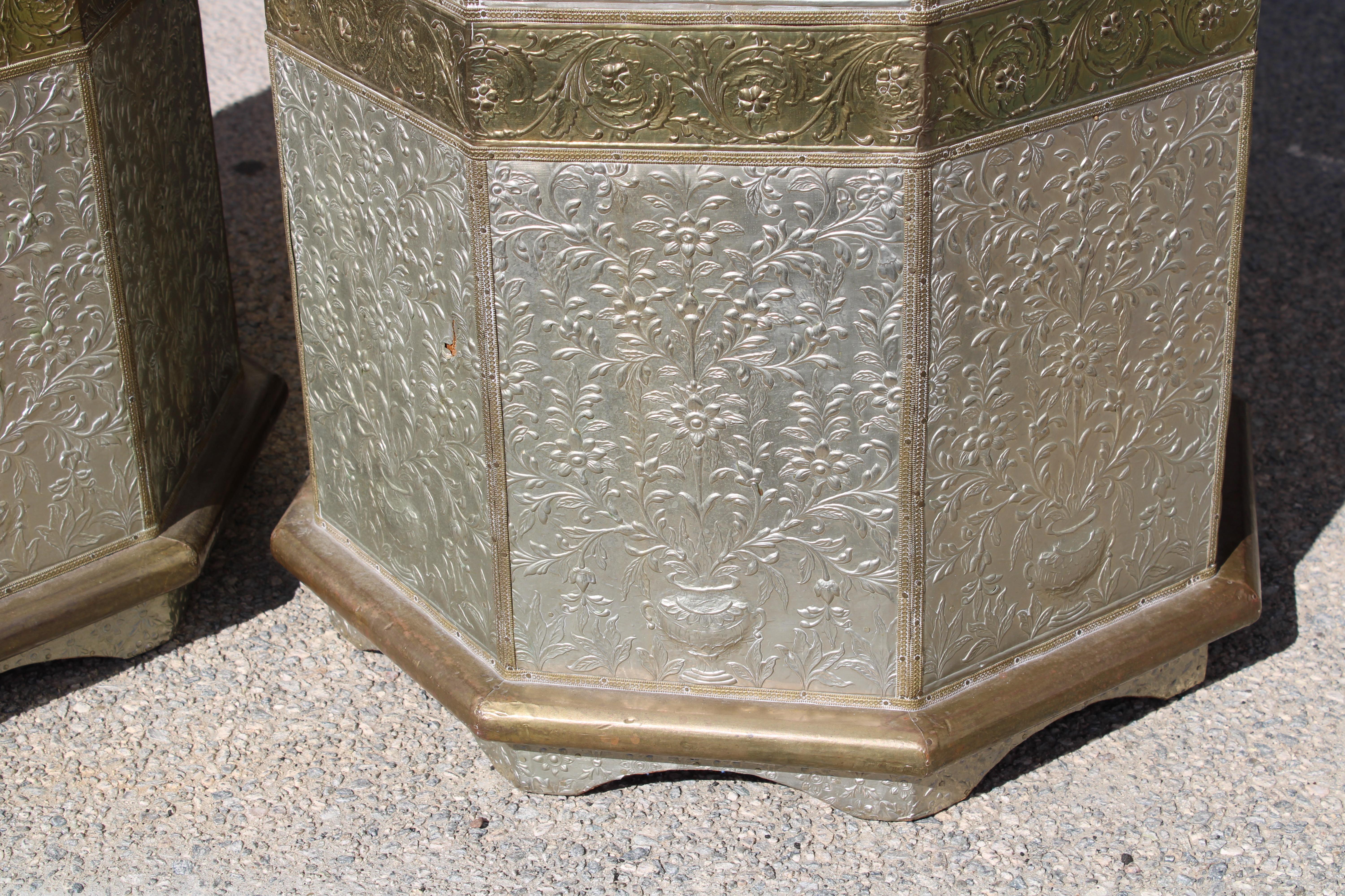 Copper Pair of Octagonal Pedestals with Applied Brass and Tin Repoussé Panels For Sale