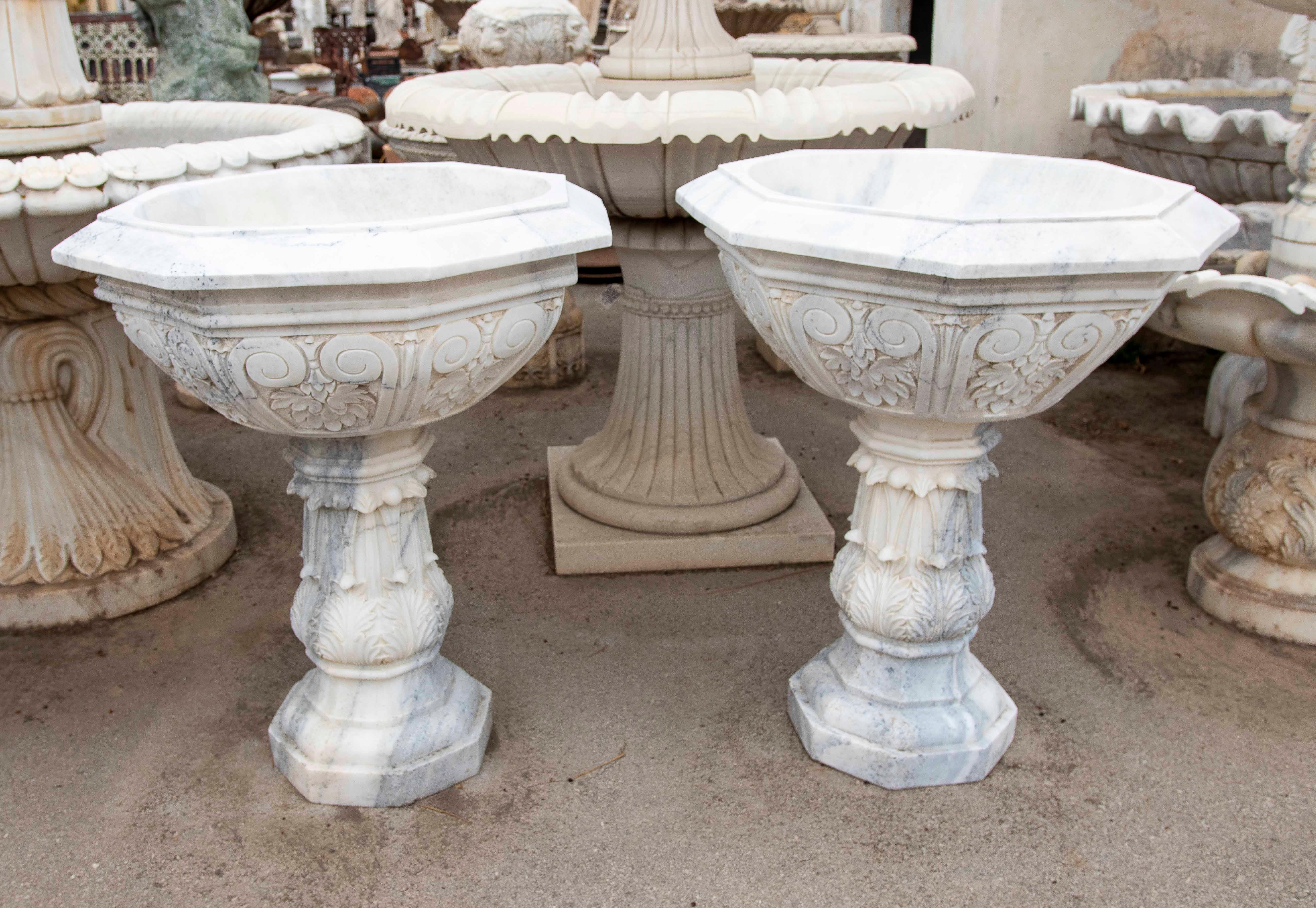 Magnifique paire de jardinières en marbre blanc sculpté à la main, de forme octogonale et décorées de motifs floraux en relief. Leur base colonnaire cannelée, ornée de détails en forme de feuilles d'acanthe, leur confère solidité et élégance.

Ces