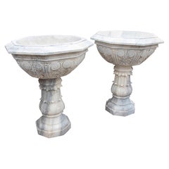 Pair of Octagonal Planters in Carved White Marble in a Classic Style