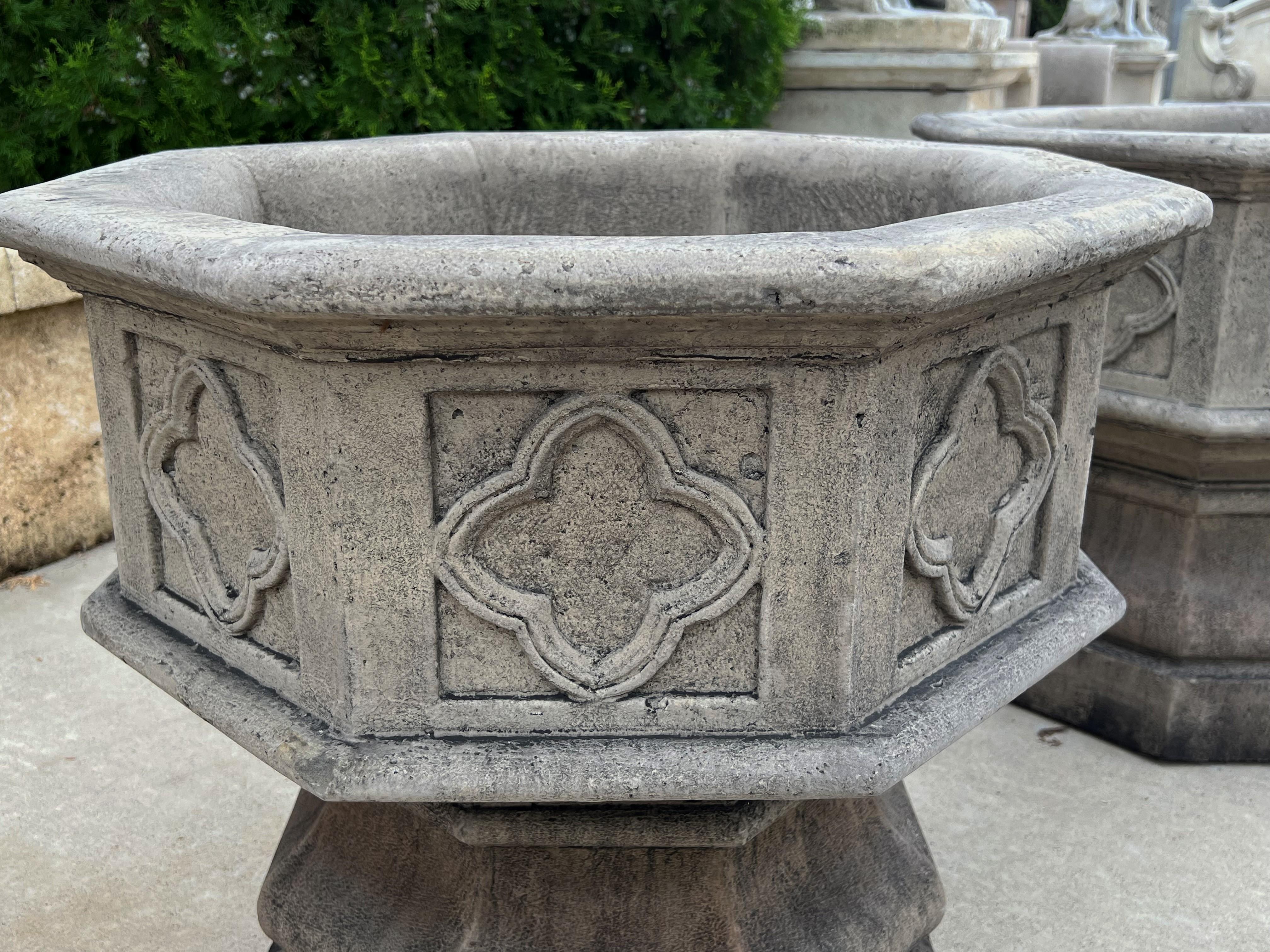 Pair of Octagonal Quatrefoil Cast Garden Planters from France 3