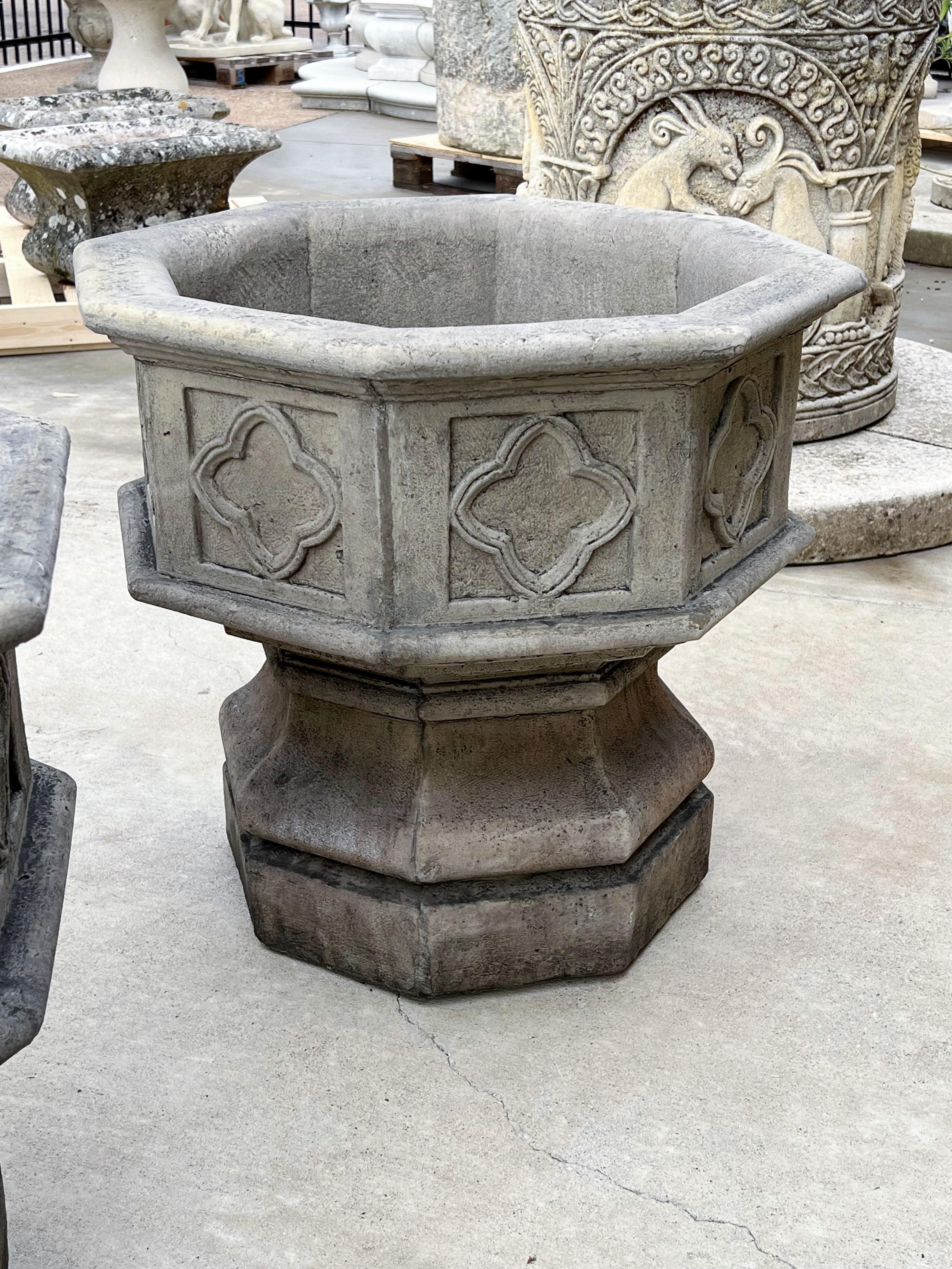 Contemporary Pair of Octagonal Quatrefoil Cast Garden Planters from France