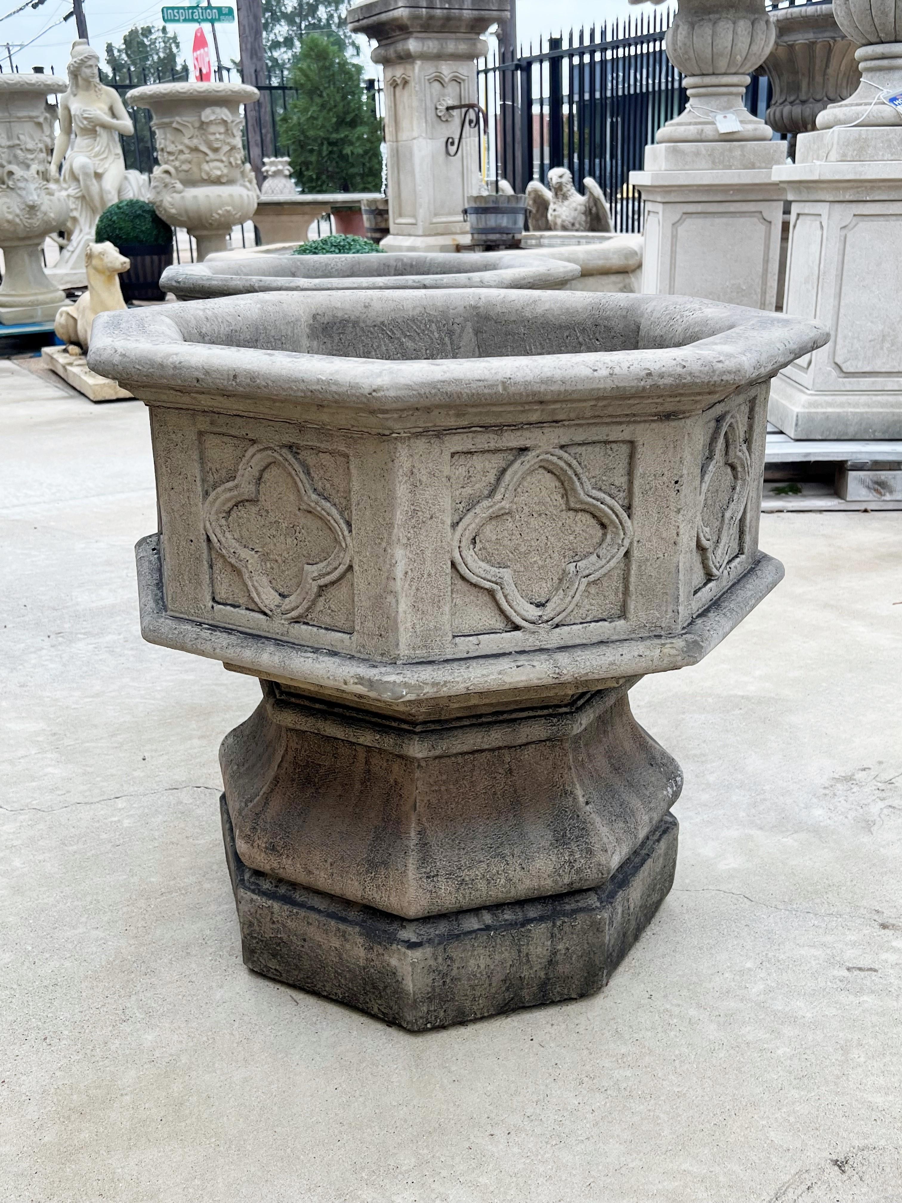 Pair of Octagonal Quatrefoil Cast Garden Planters from France 1