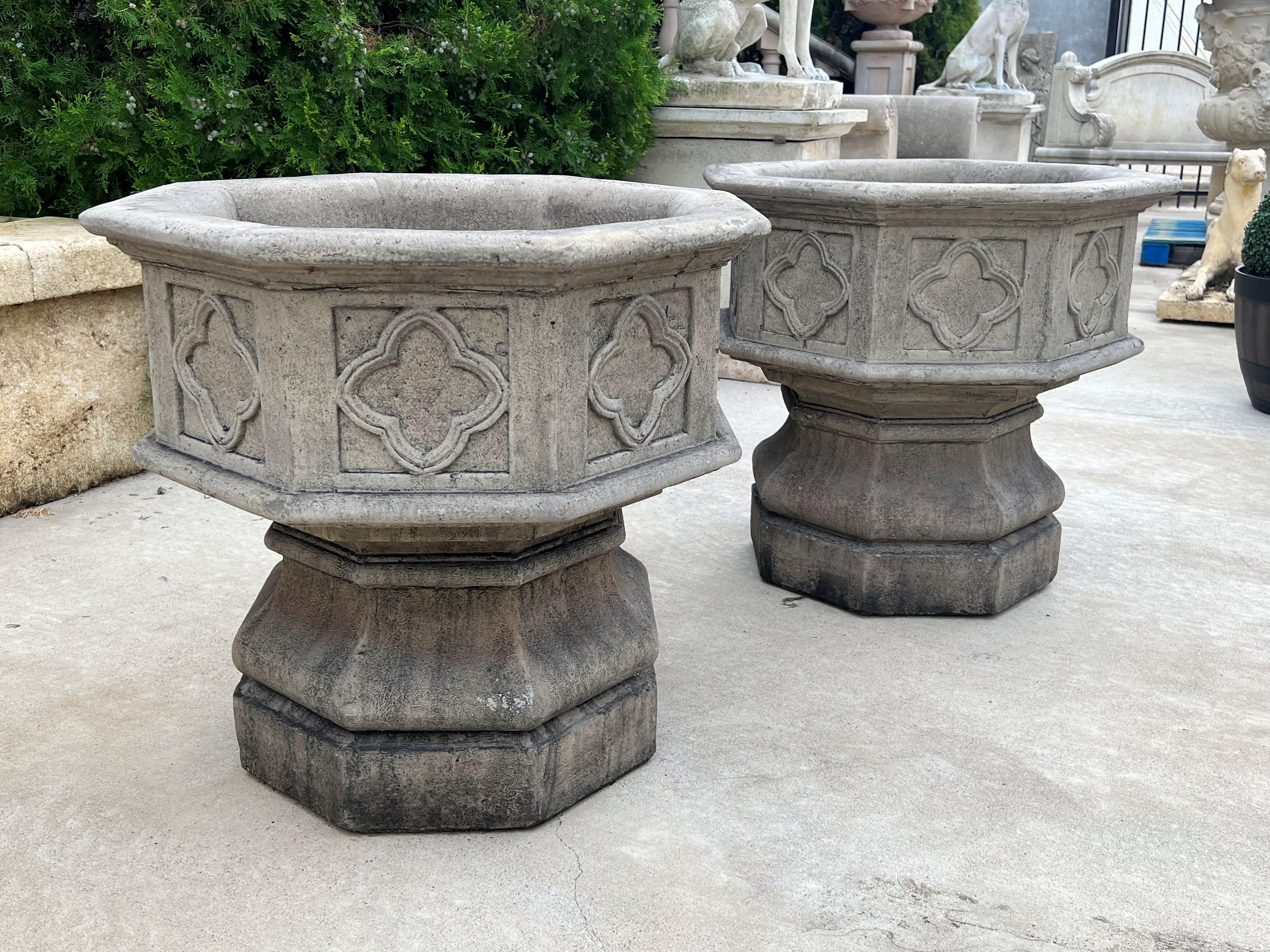 Pair of Octagonal Quatrefoil Cast Garden Planters from France 2