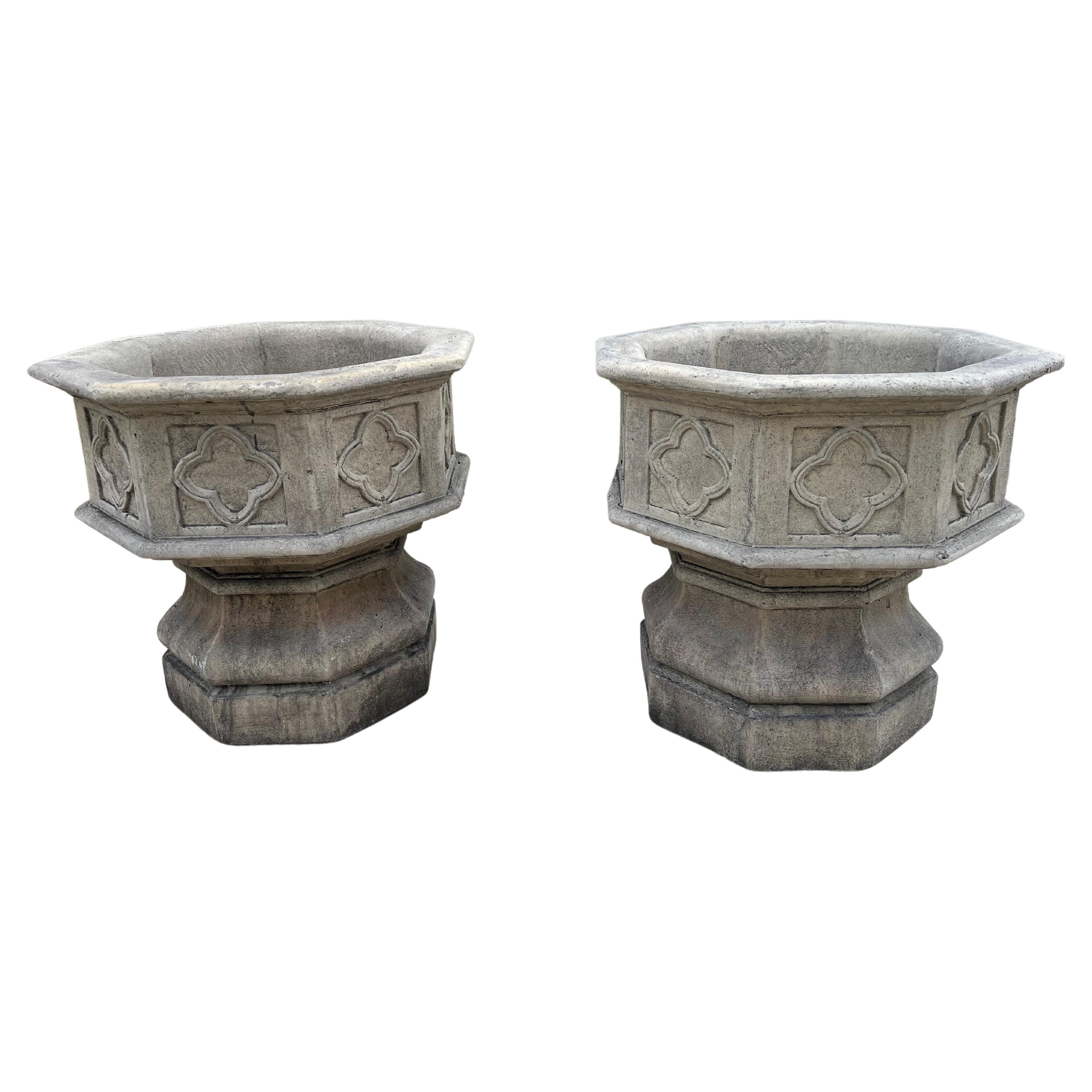 Pair of Octagonal Quatrefoil Cast Garden Planters from France