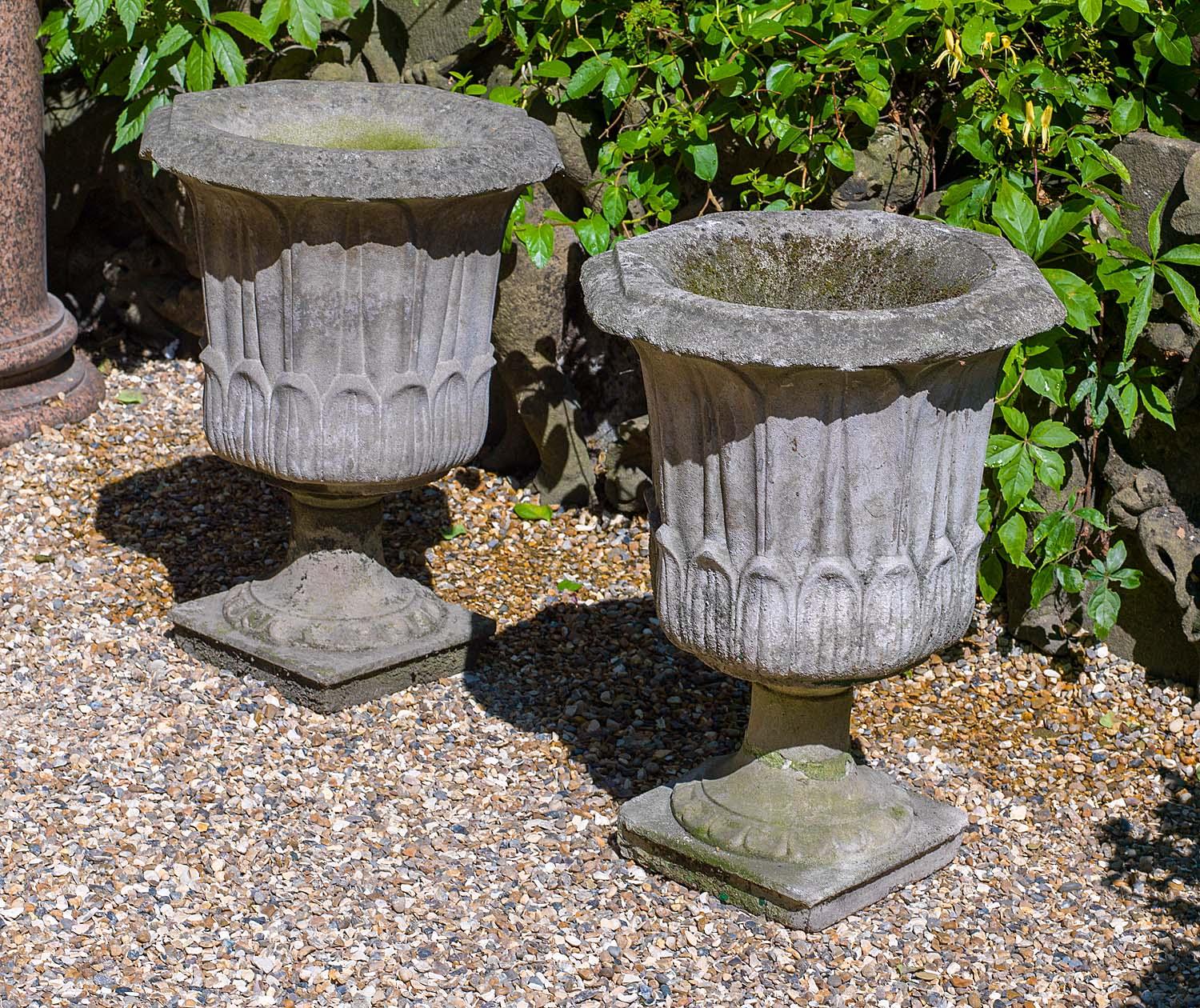 Neoclassical Pair of Octagonal Reconstituted Stone Urns For Sale