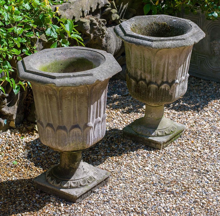 Pair of Octagonal Reconstituted Stone Urns For Sale at 1stDibs