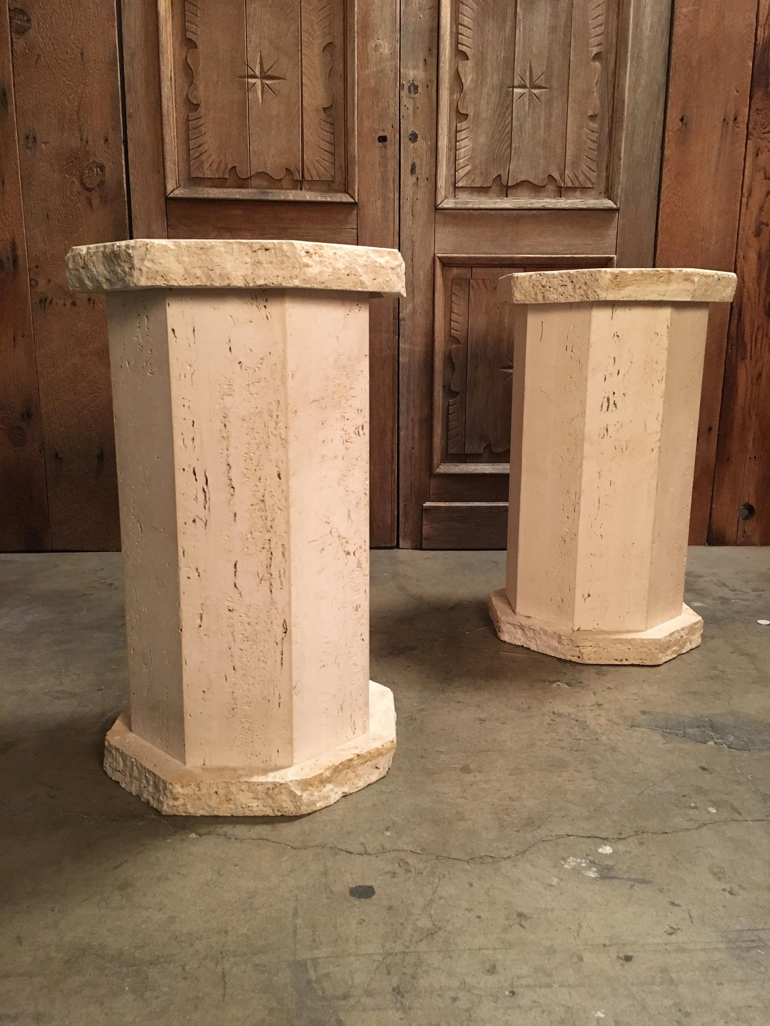 Modern Pair of Octagonal Travertine Columns