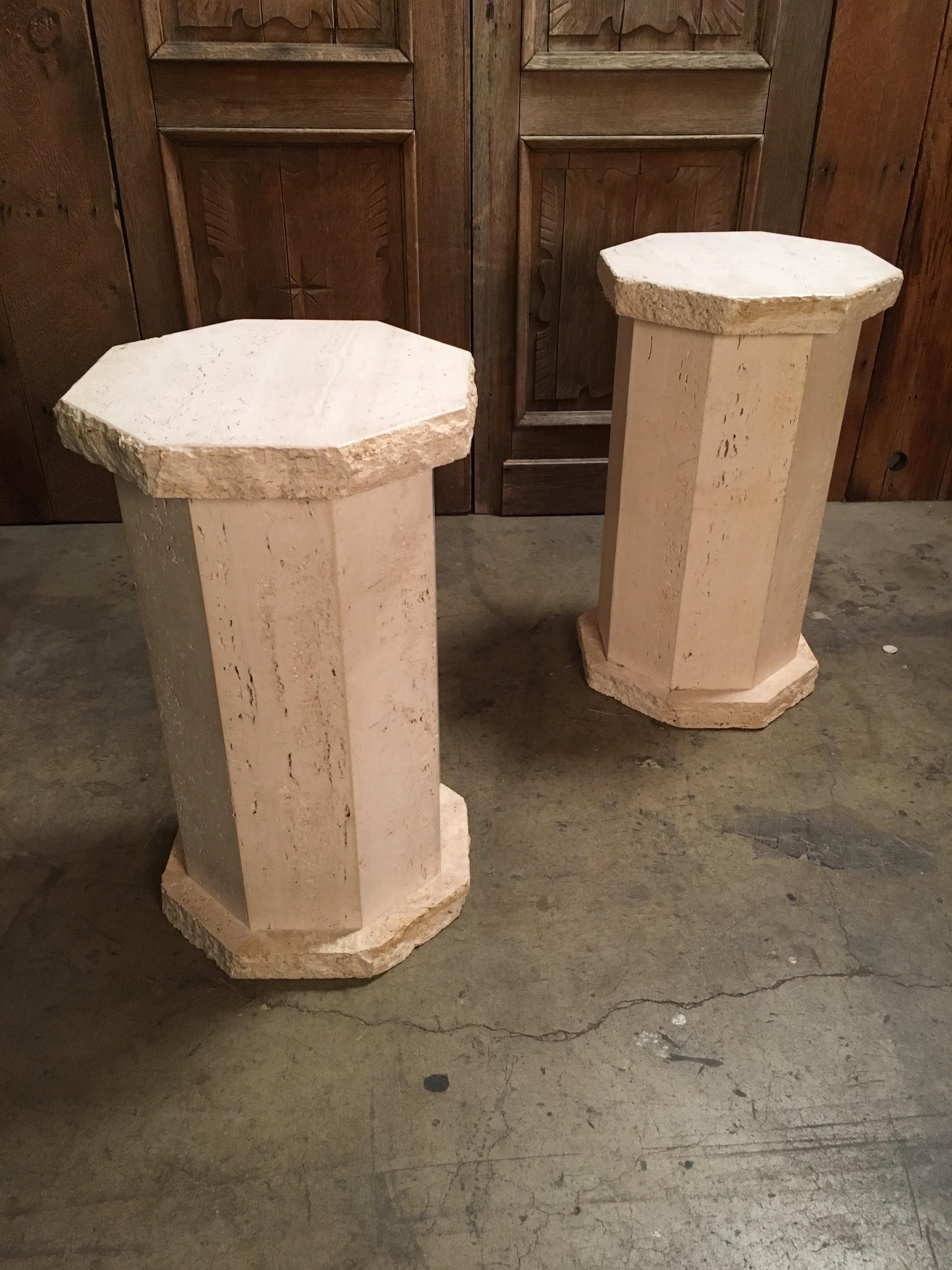 Italian Pair of Octagonal Travertine Columns