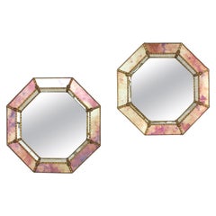 Pair of Octagonal Venetian Modern Mirrors in Pink Golden Hues and Brass Details