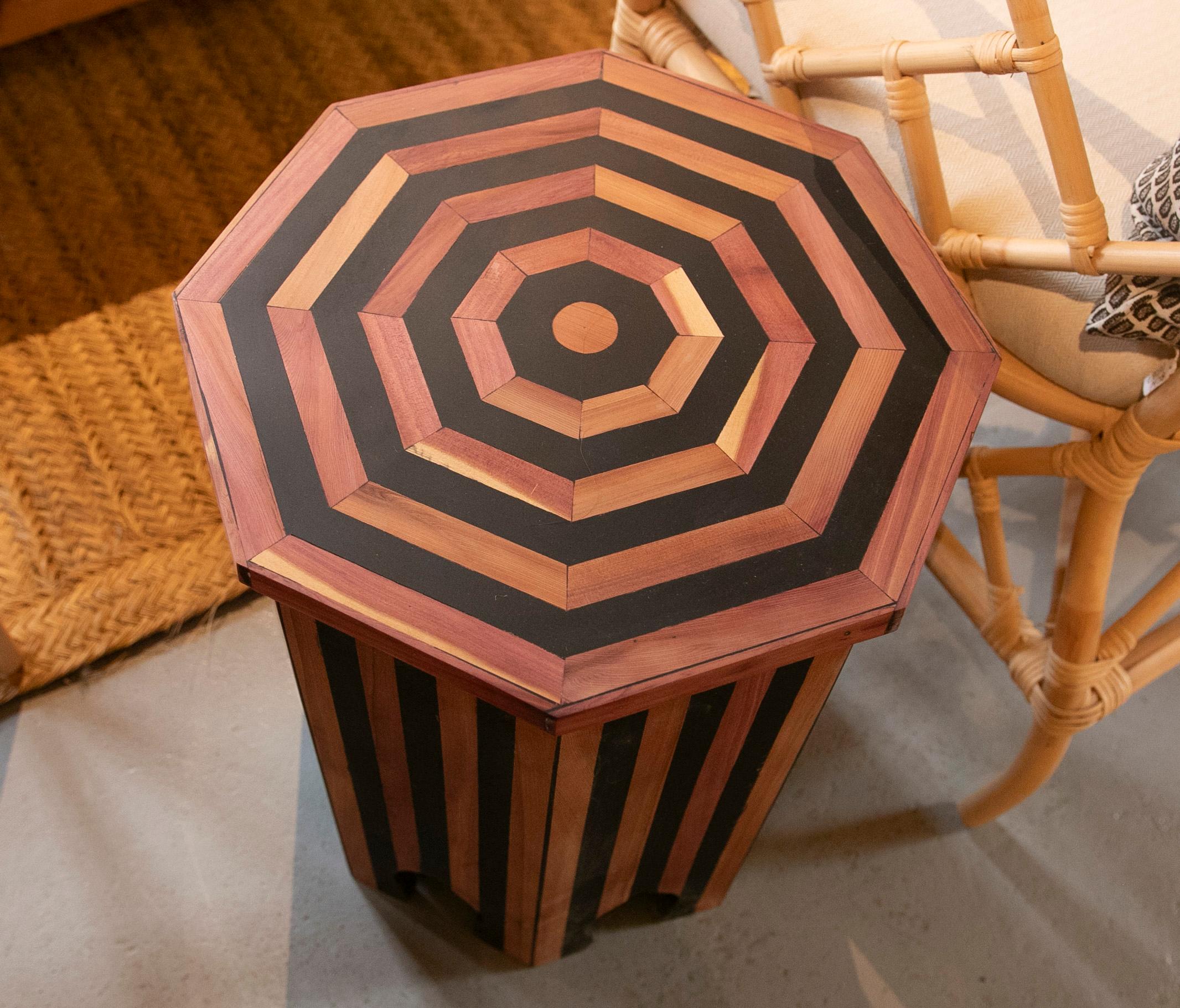 Pair of Octagonal Wooden Side Tables with Striped Decorations For Sale 13