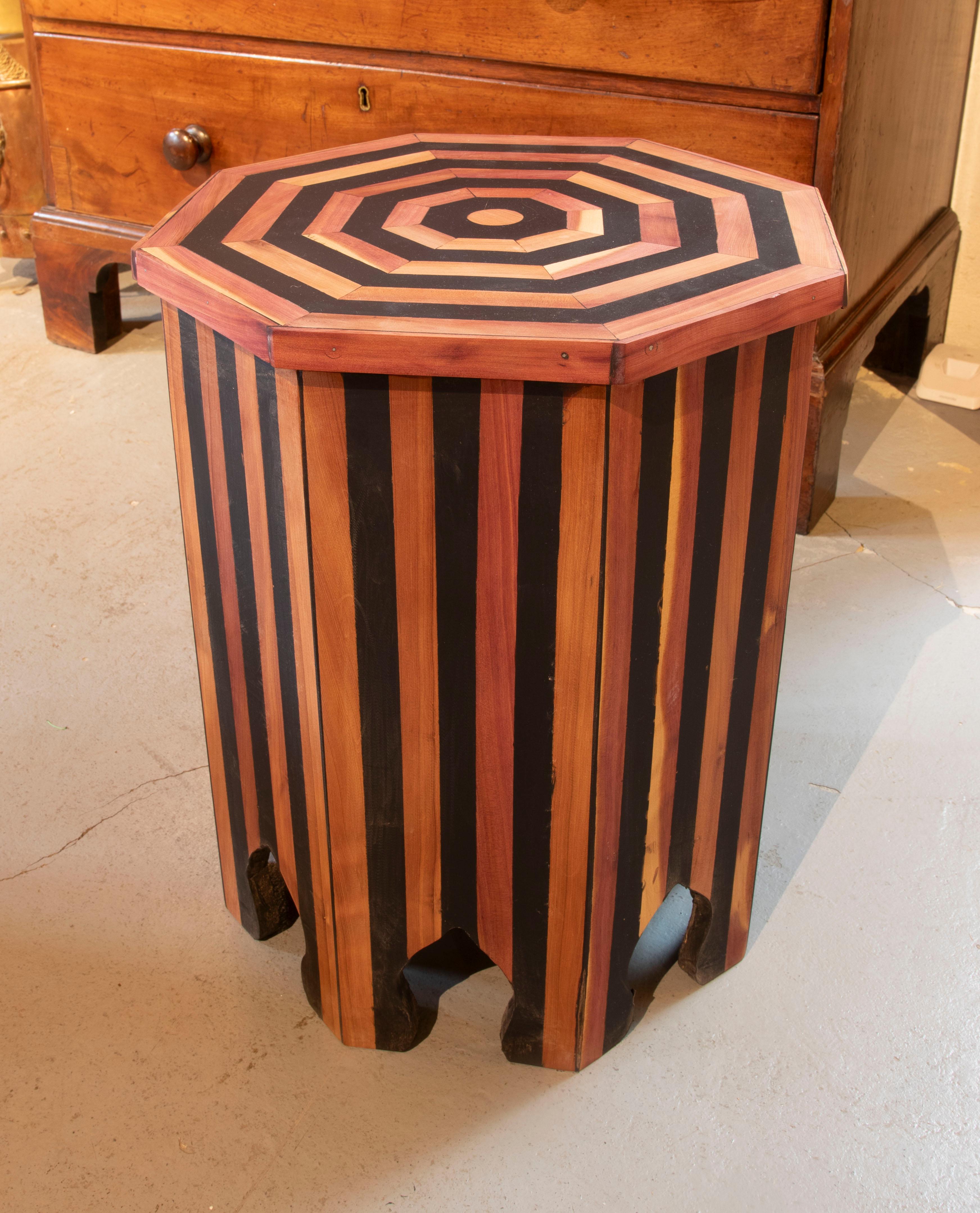 Spanish Pair of Octagonal Wooden Side Tables with Striped Decorations For Sale