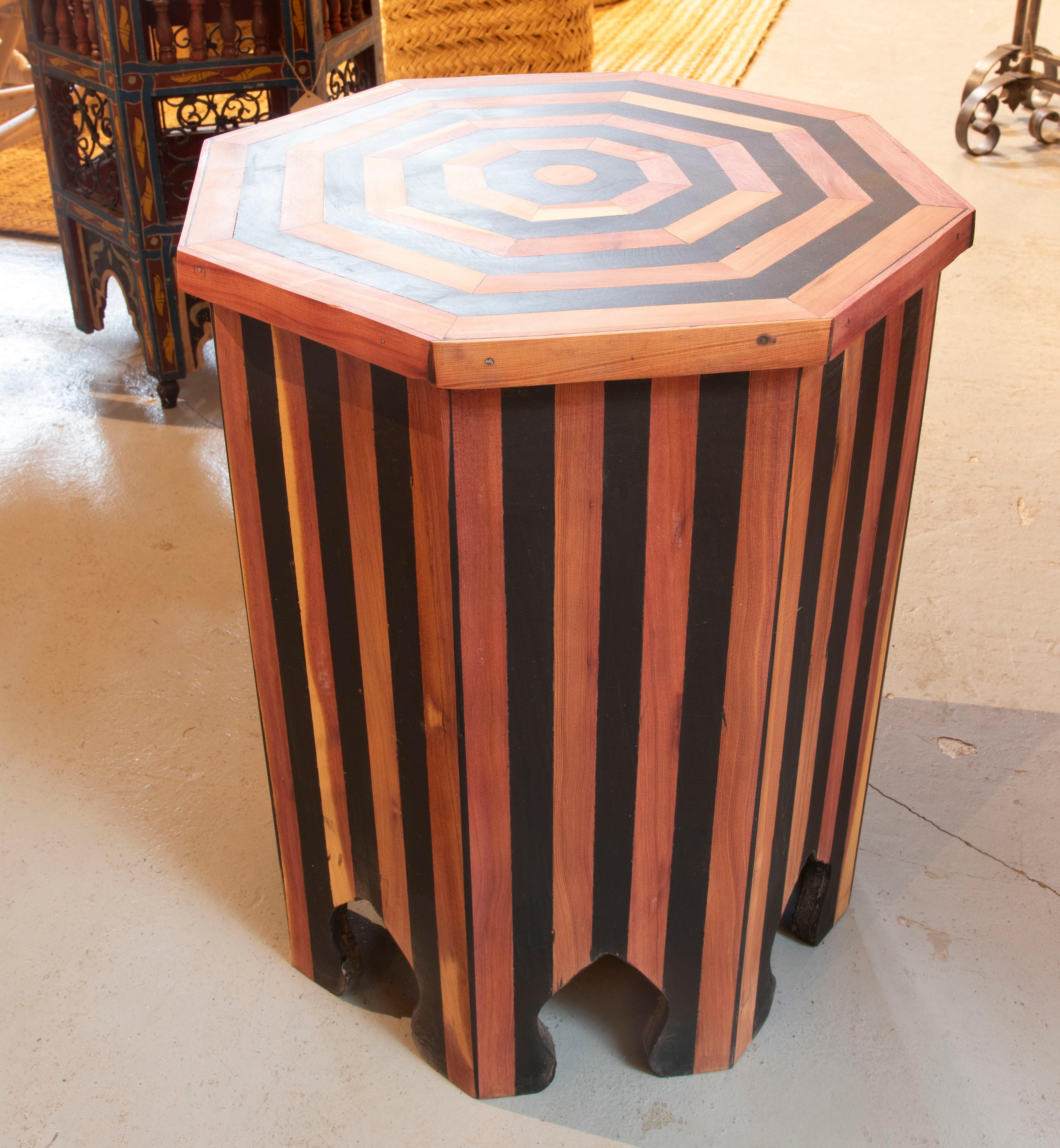 Contemporary Pair of Octagonal Wooden Side Tables with Striped Decorations For Sale