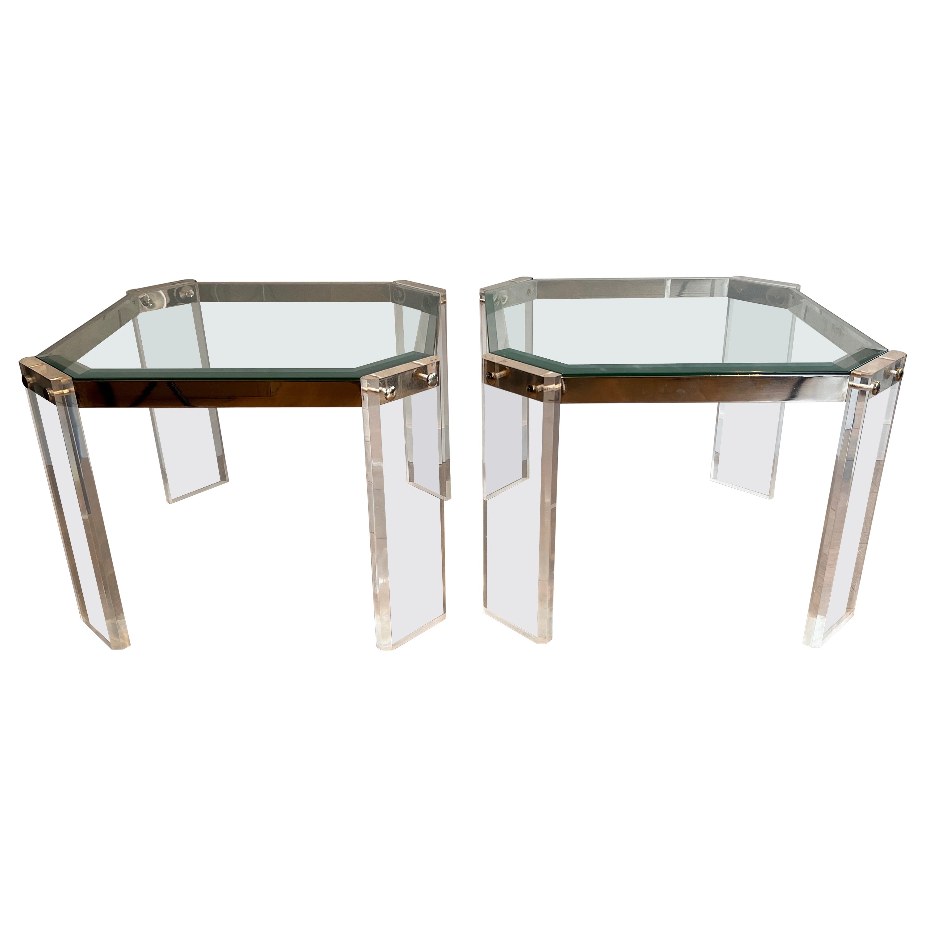 Pair of octogonal lucite and chrome side tables by Maison Jansen For Sale