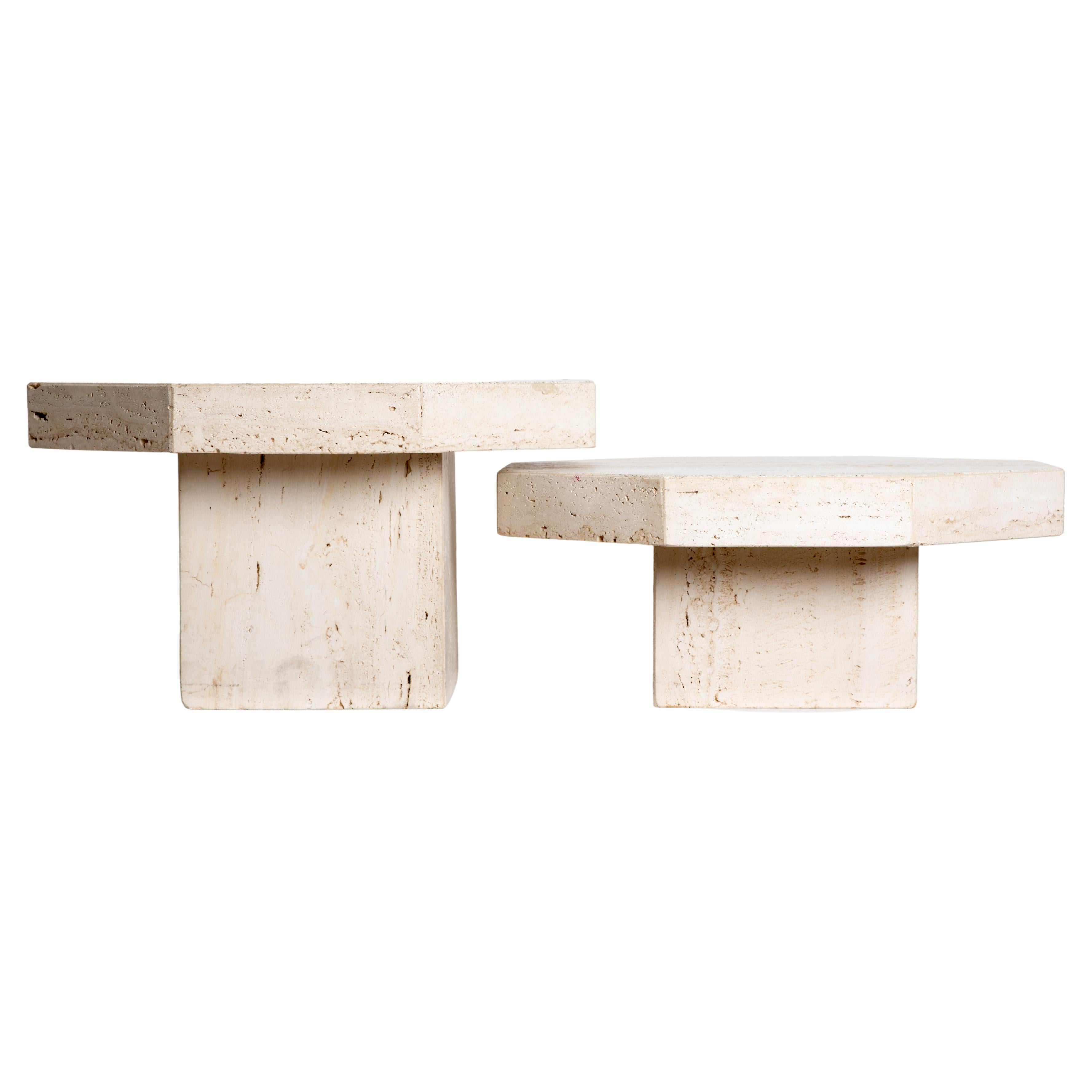 Pair of Octogonal Travertine Tables For Sale