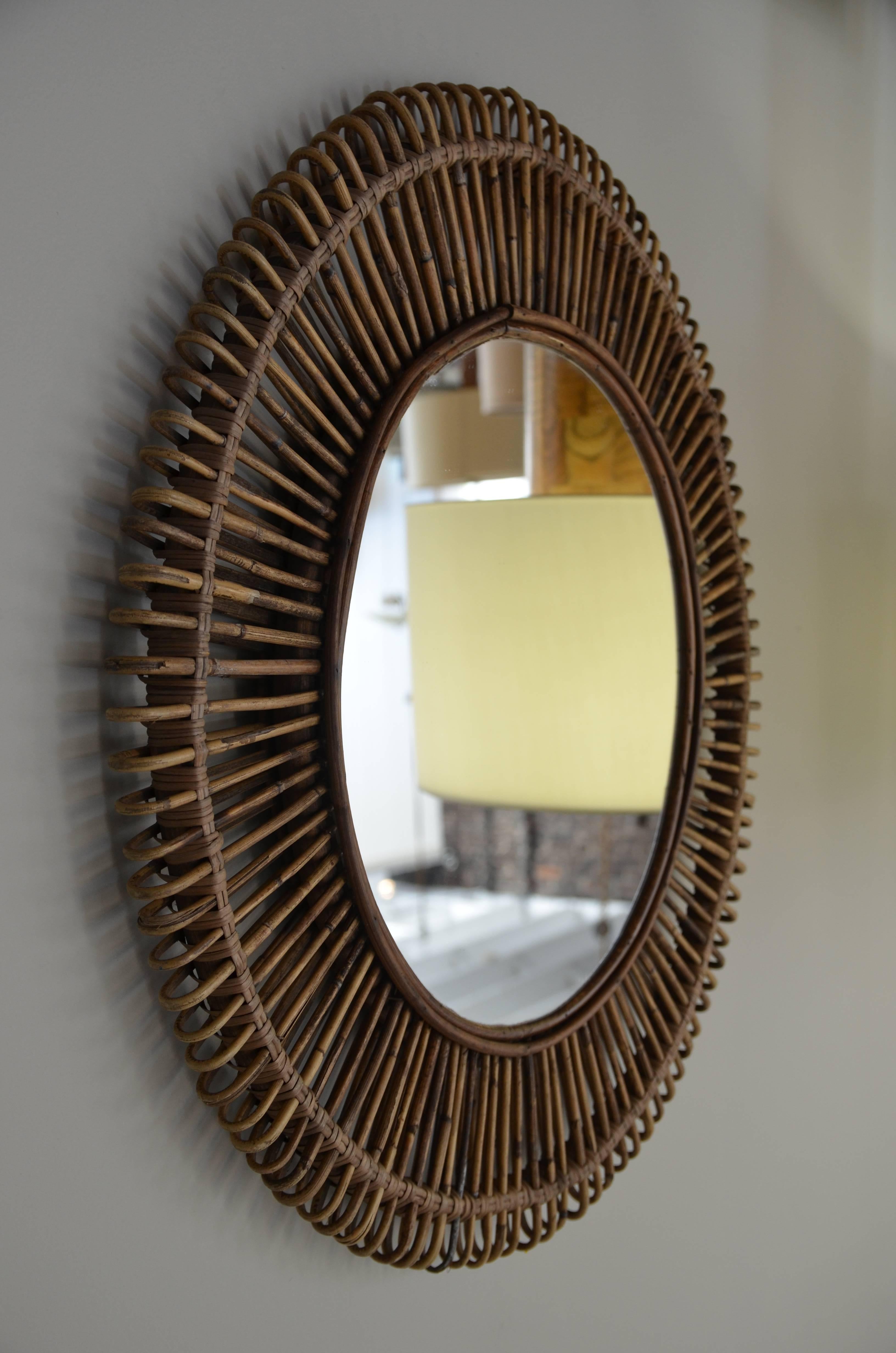 Organic Modern Pair of 'Oculus' Round Rattan Mirrors by Design Frères For Sale