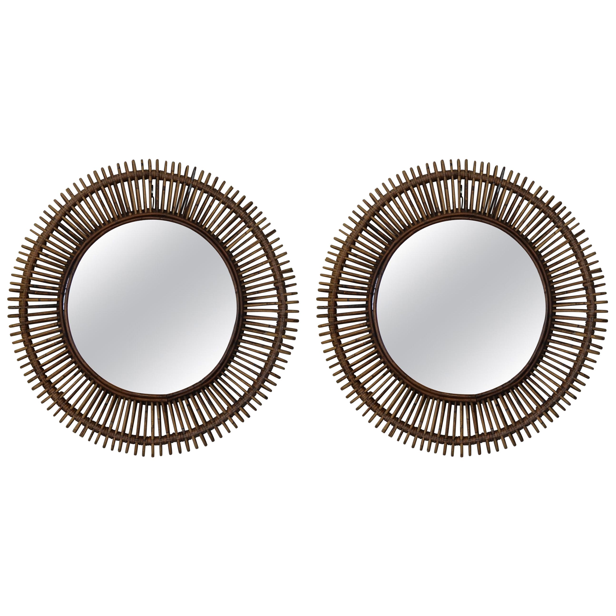 Pair of 'Oculus' Round Rattan Mirrors by Design Frères For Sale