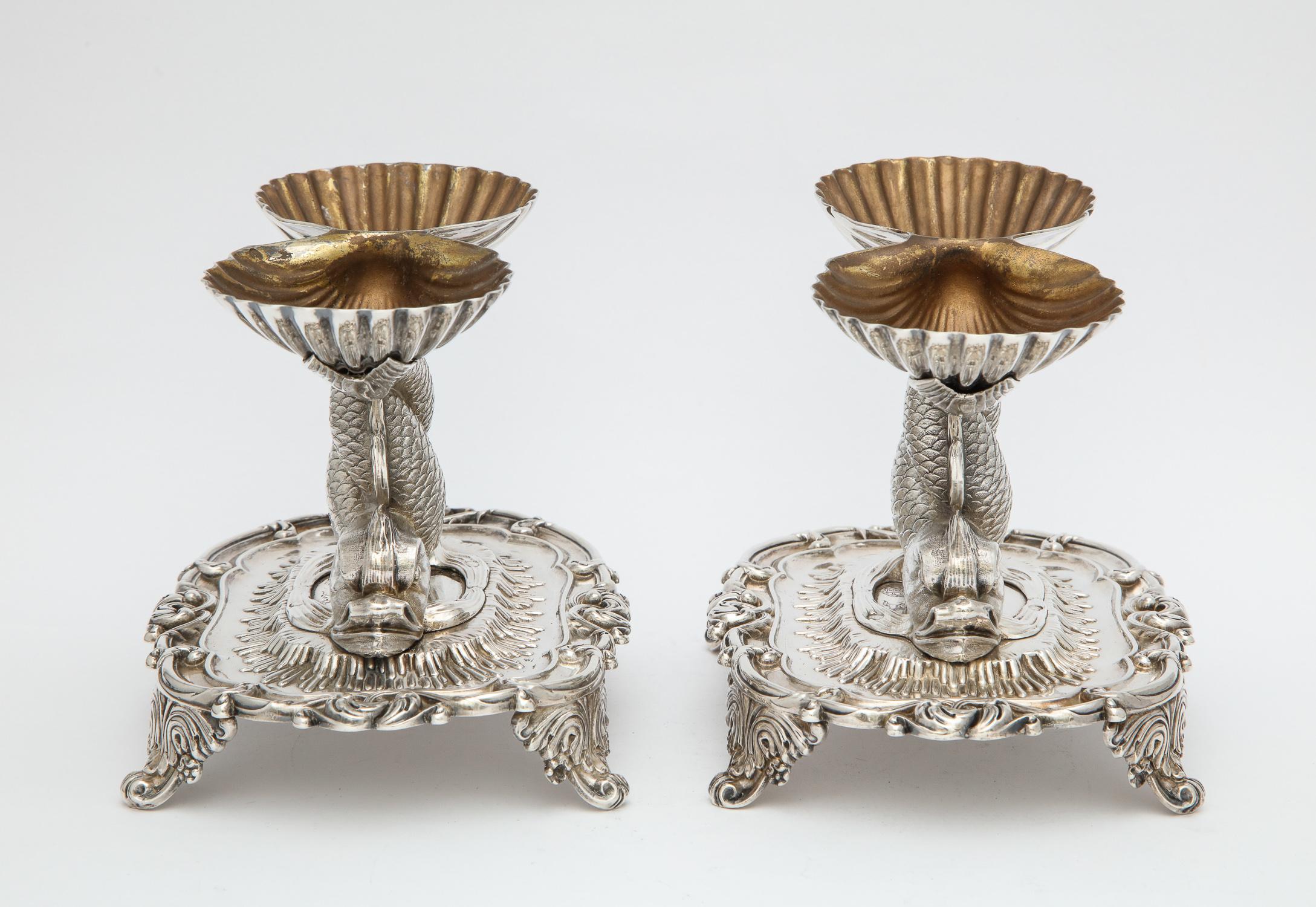 Pair of Odiot Neoclassical Sterling Silver Dolphin-Form Salt Cellars In Good Condition In New York, NY