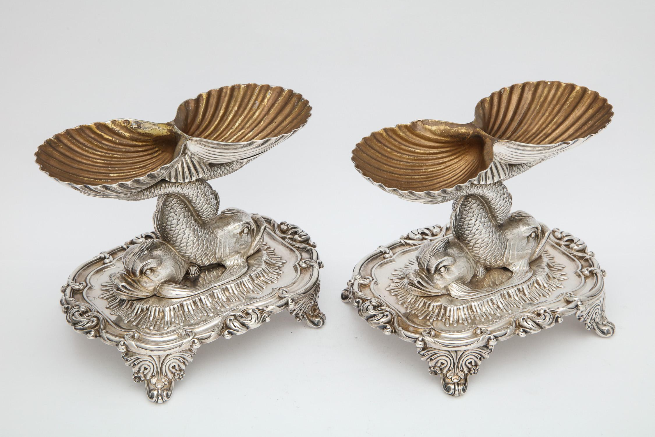 Pair of Odiot Neoclassical Sterling Silver Dolphin-Form Salt Cellars 1