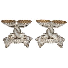 Pair of Odiot Neoclassical Sterling Silver Dolphin-Form Salt Cellars