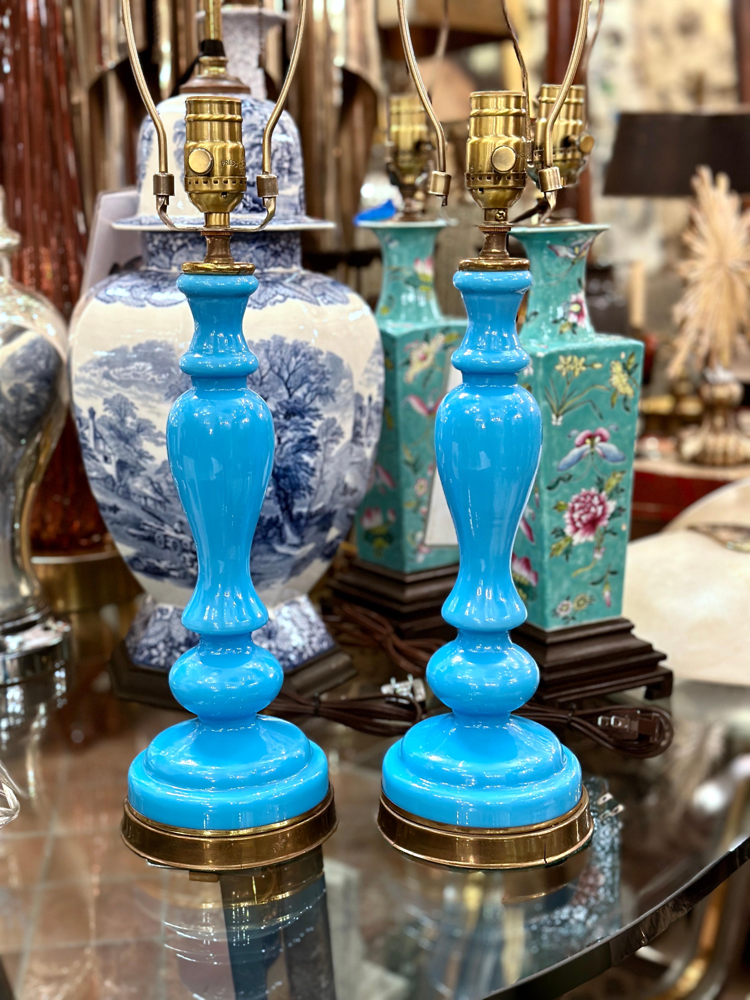 Early 20th Century Pair of of Blue Opaline Glass Lamps For Sale