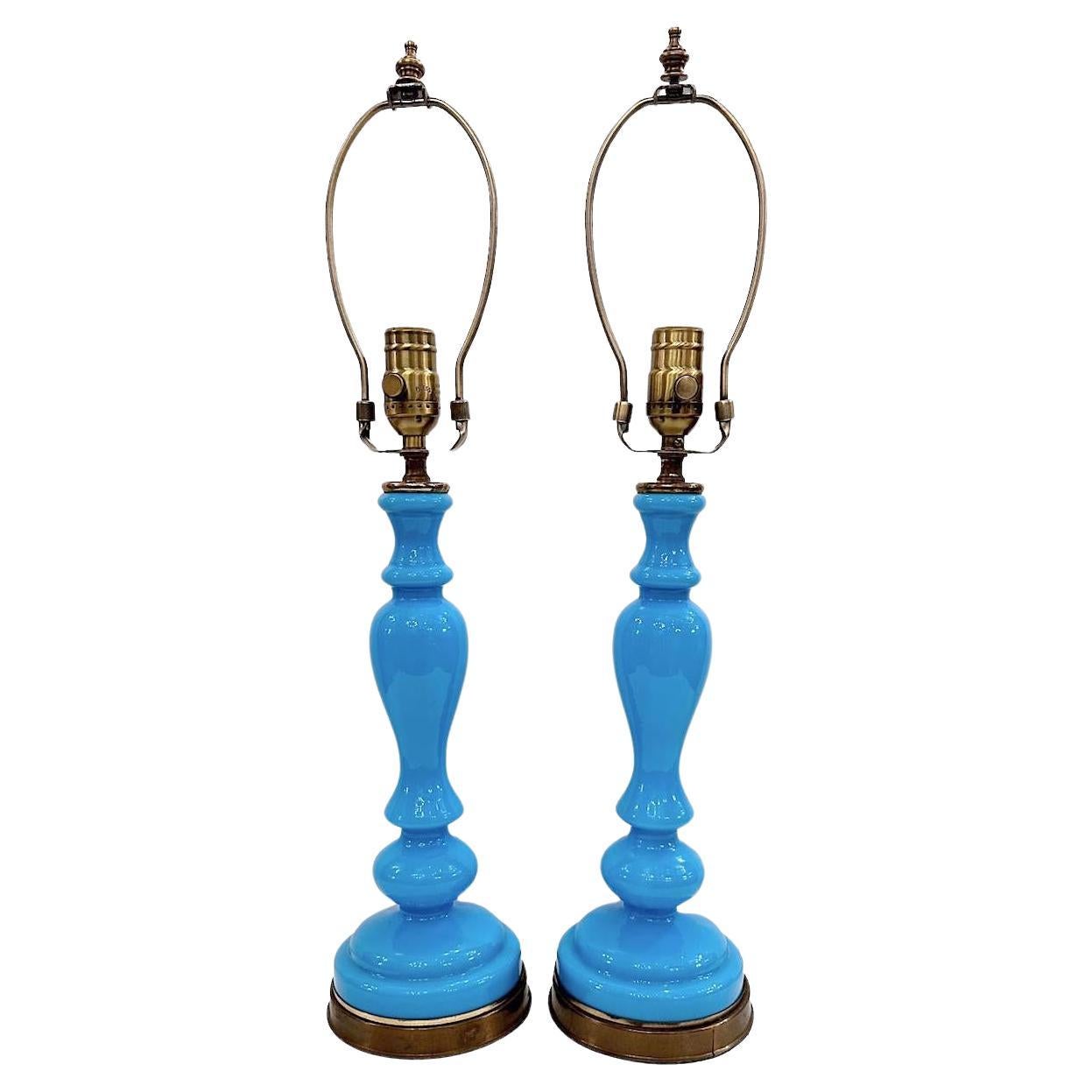 Pair of of Blue Opaline Glass Lamps For Sale