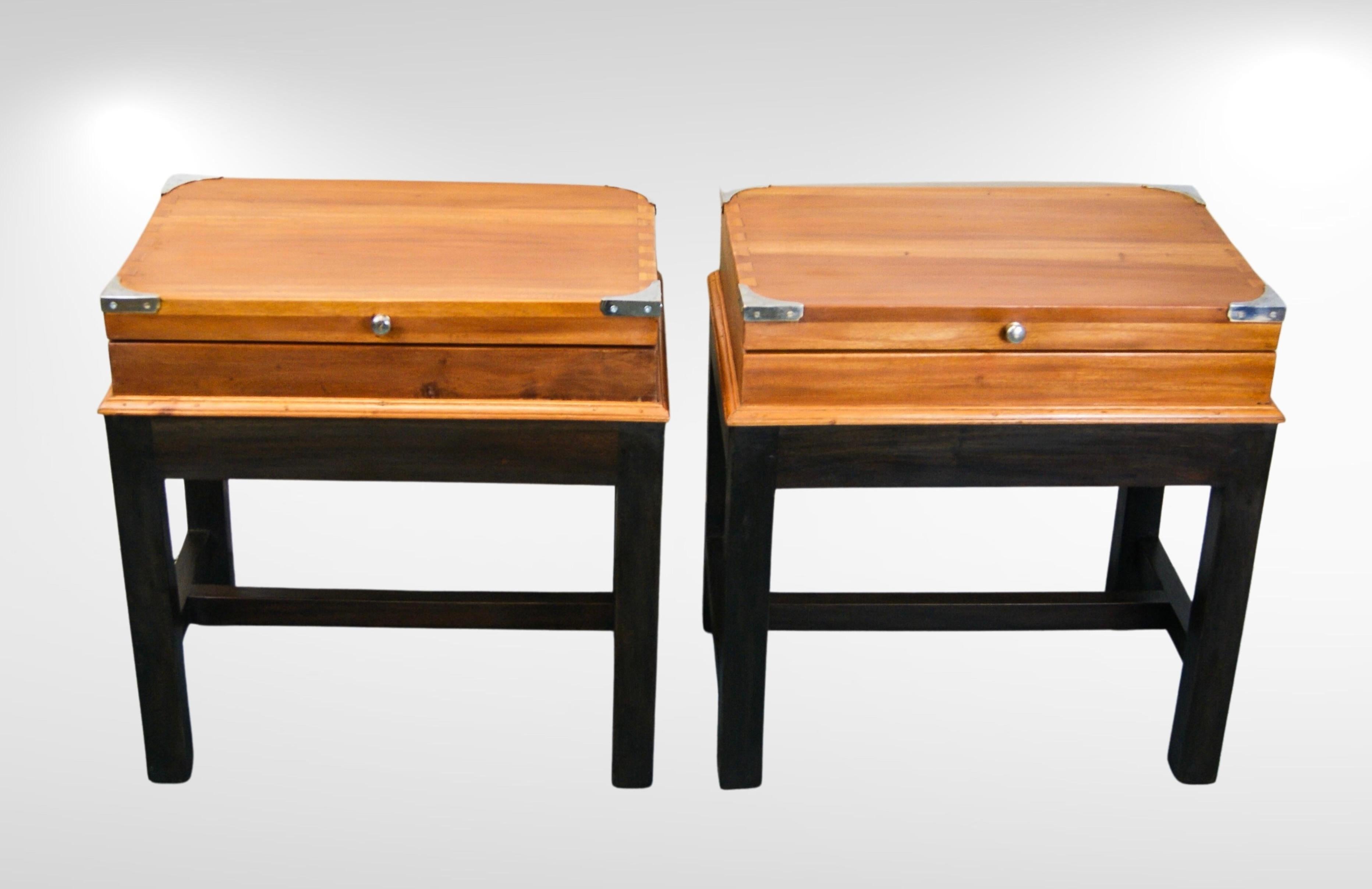 Pair of of Georgian style Ebonized Lift-Top End Tables with Steel Corners For Sale 3