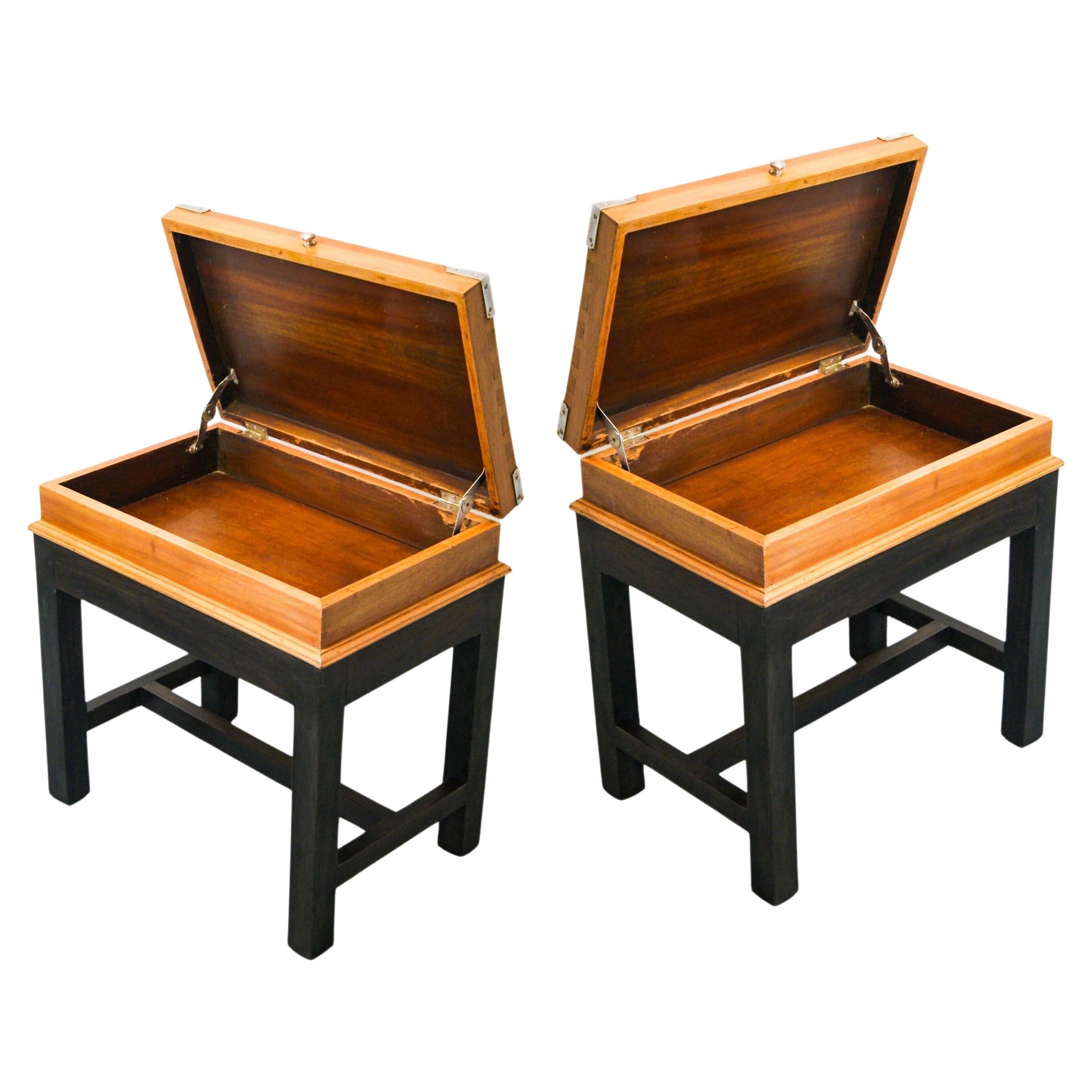 Pair of of Georgian style Ebonized Lift-Top End Tables with Steel Corners For Sale