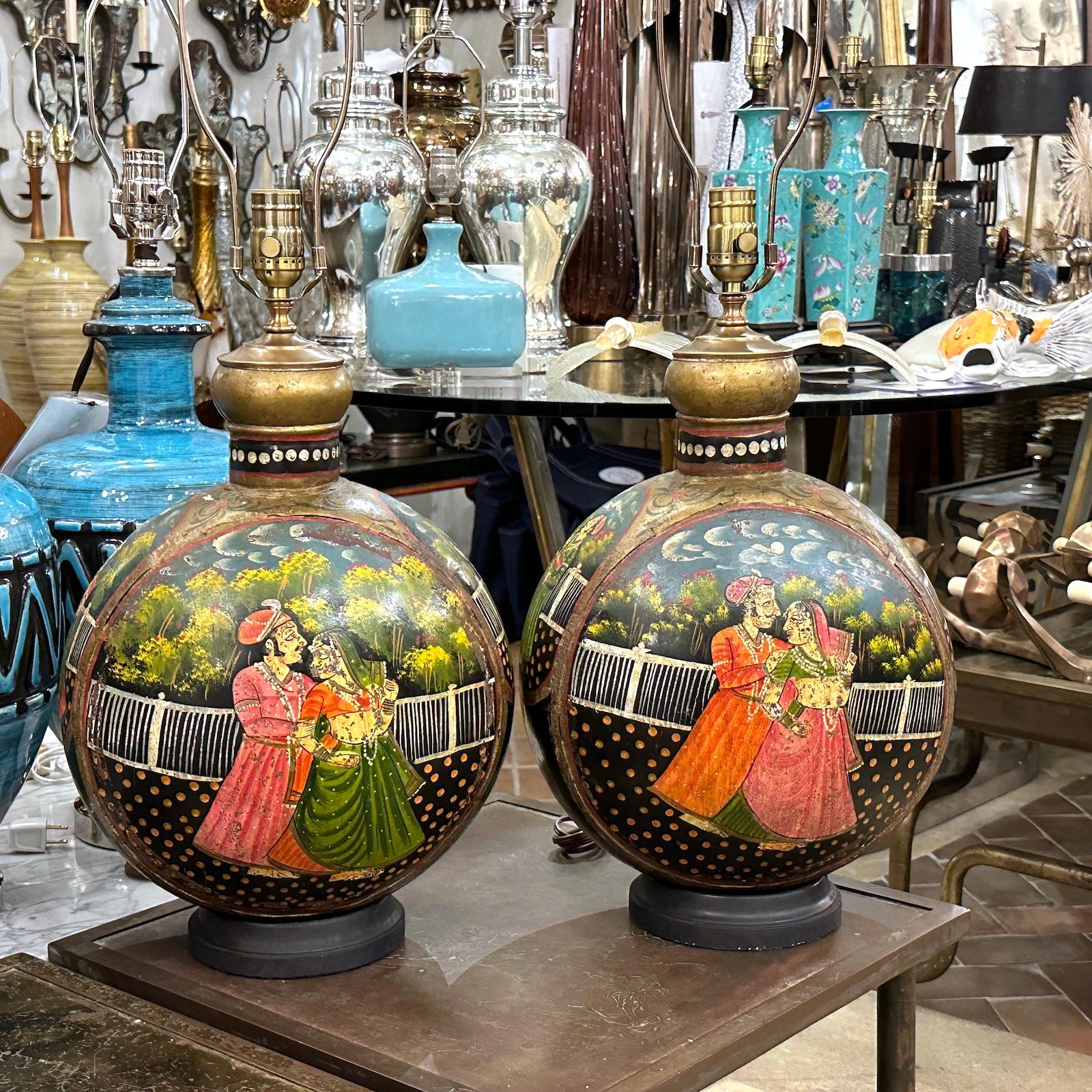 Mid-20th Century Pair of of Indian Painted Lamps For Sale
