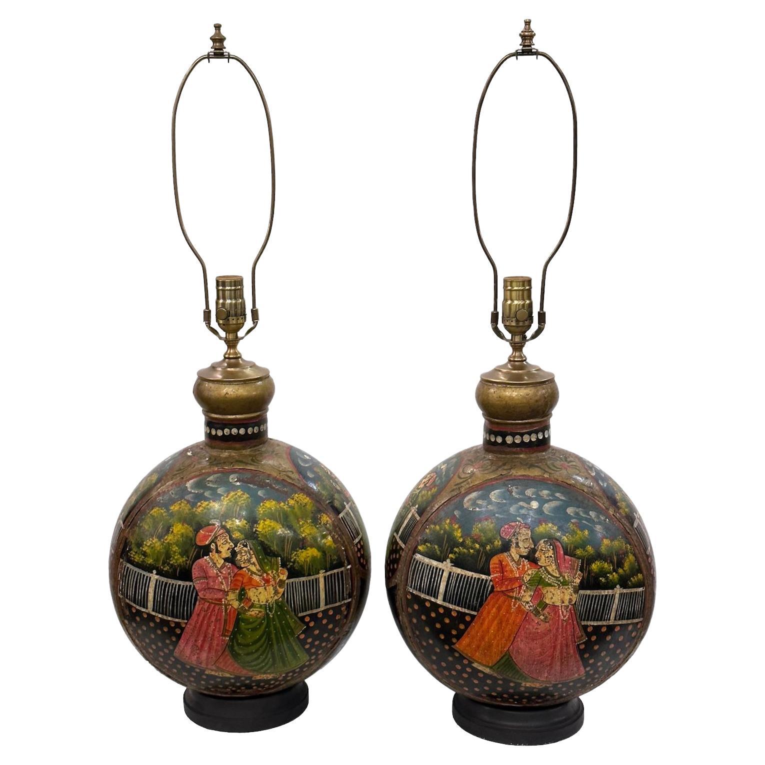 Pair of of Indian Painted Lamps For Sale