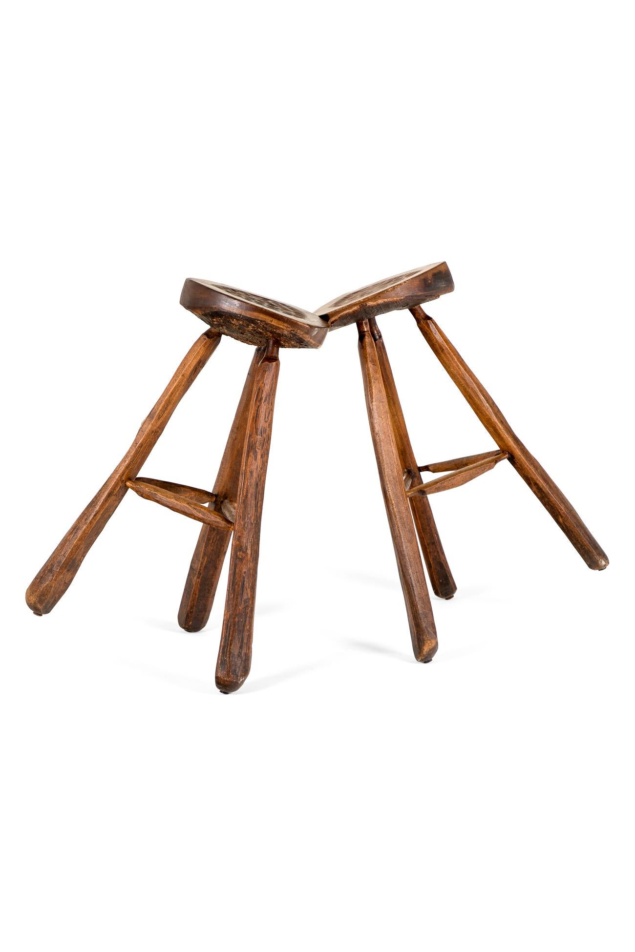 Hand-Carved Pair of  of Jean Touret Brutalist Bar Stools For Sale