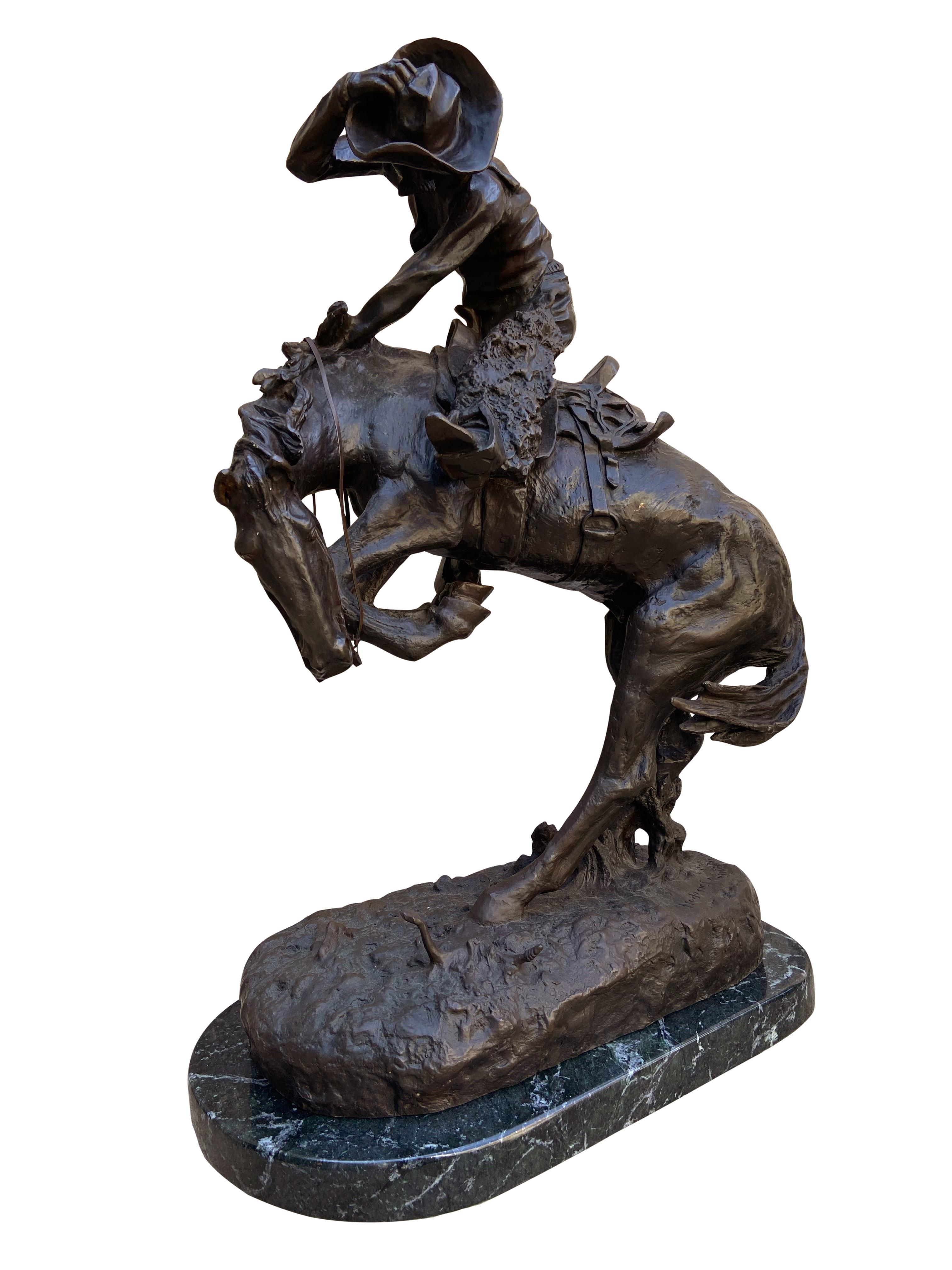 American Classical Pair of Large Bronze Table Sculptures with Marble after Frederic Remington