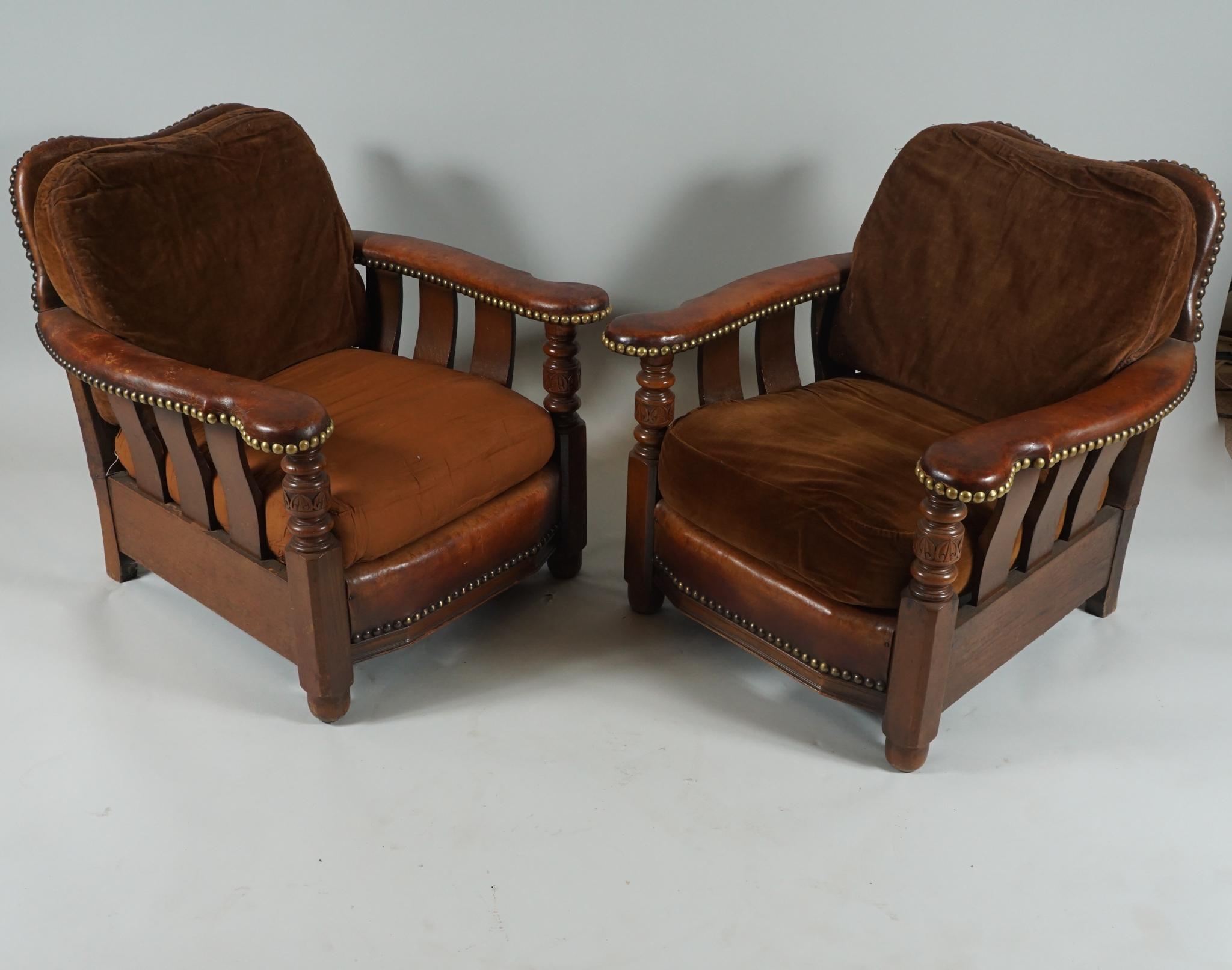 Arts and Crafts Pair of of Unusual Arts & Crafts Leather Armchairs