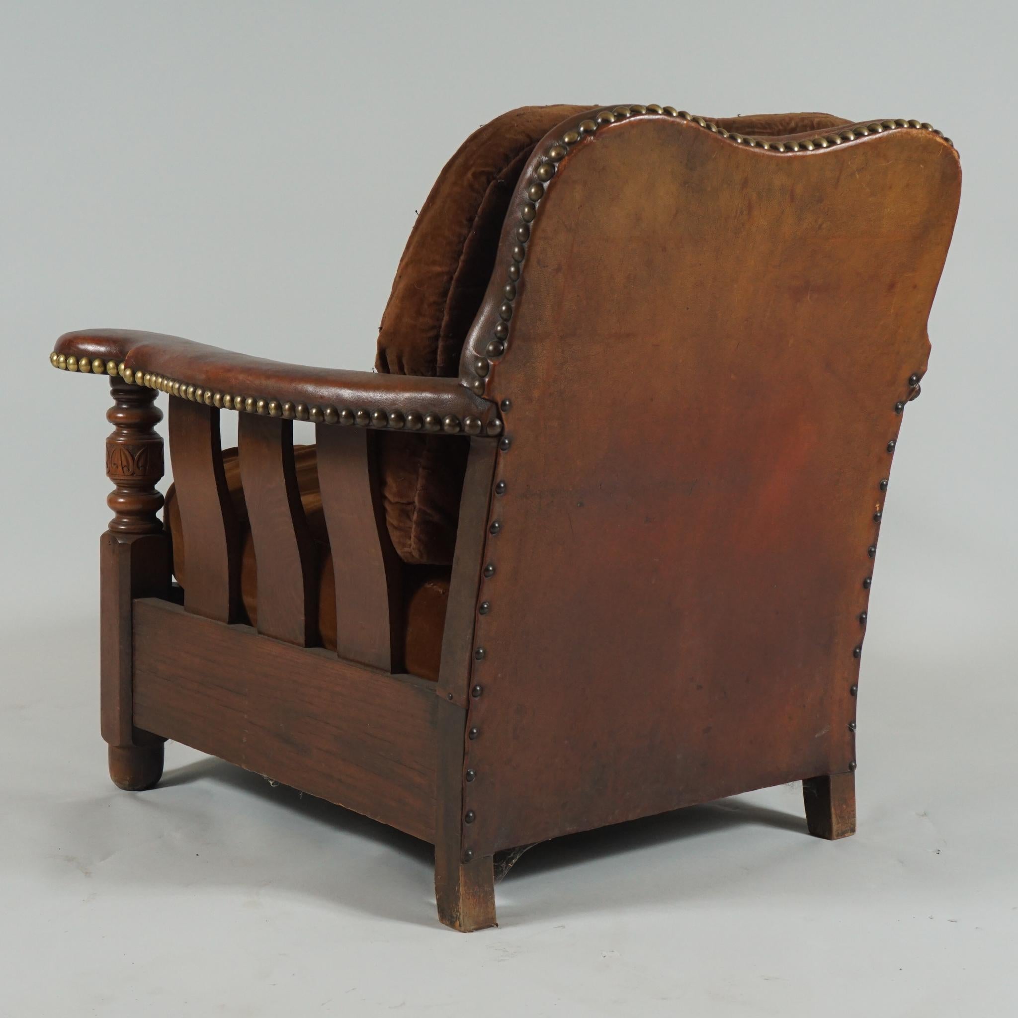 Hand-Crafted Pair of of Unusual Arts & Crafts Leather Armchairs
