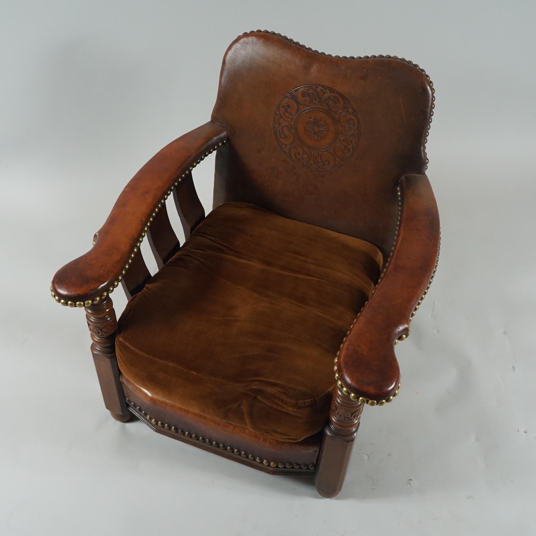 Early 20th Century Pair of of Unusual Arts & Crafts Leather Armchairs