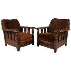 Pair of of Unusual Arts & Crafts Leather Armchairs