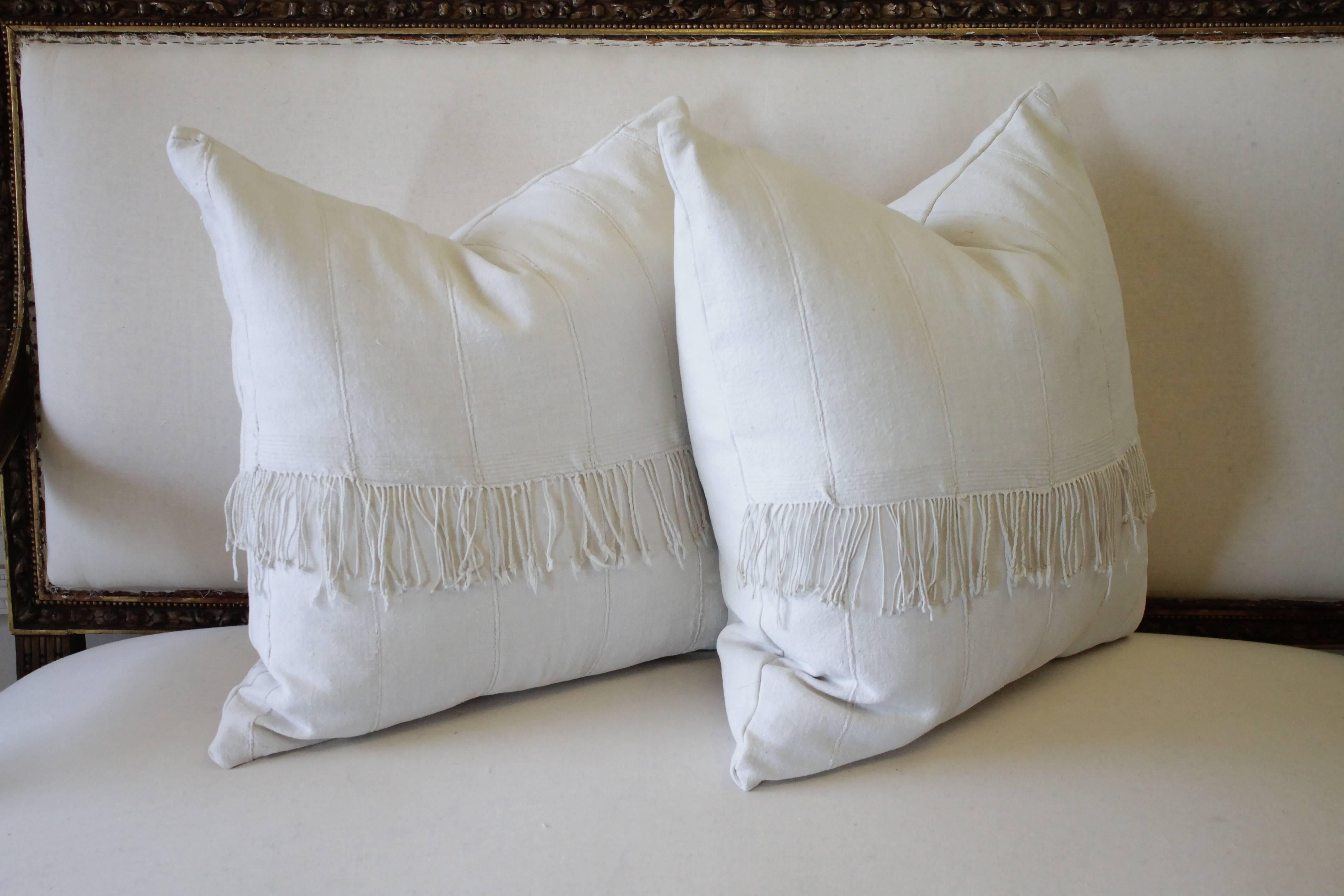 Bohemian Pair of off White African Mudcloth Pillows with Original Fringe Accents