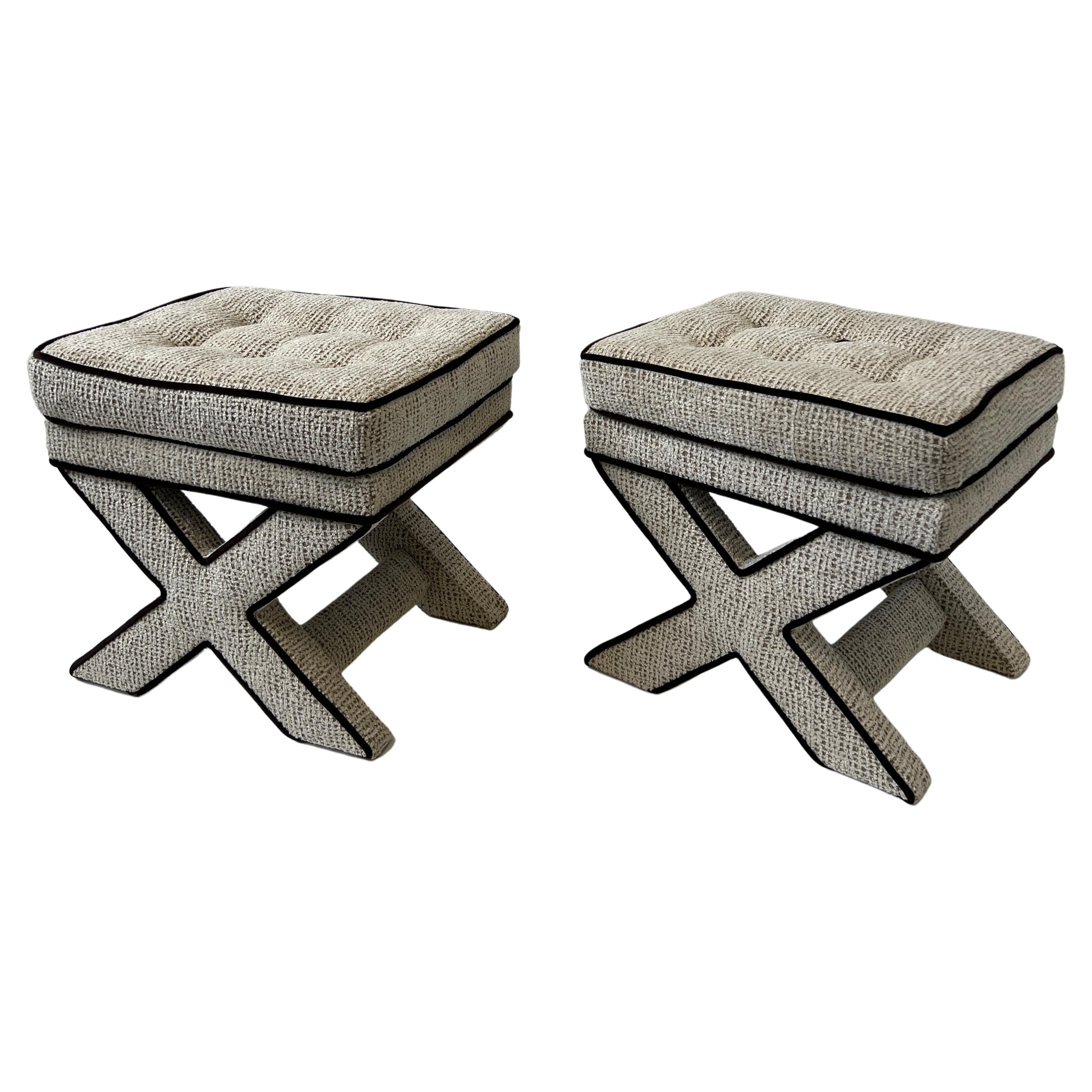 Pair of Mohair and Leather "X" Base Bench by Billy Baldwin at 1stDibs