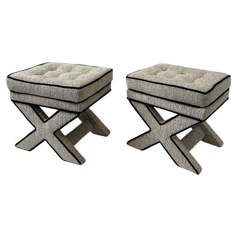 Pair of Off White and Brown Velvet X Base Ottomans by Billy Baldwin For