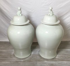 Pair Of Off White Blanc De Chine Monumental Porcelain Temple Jars