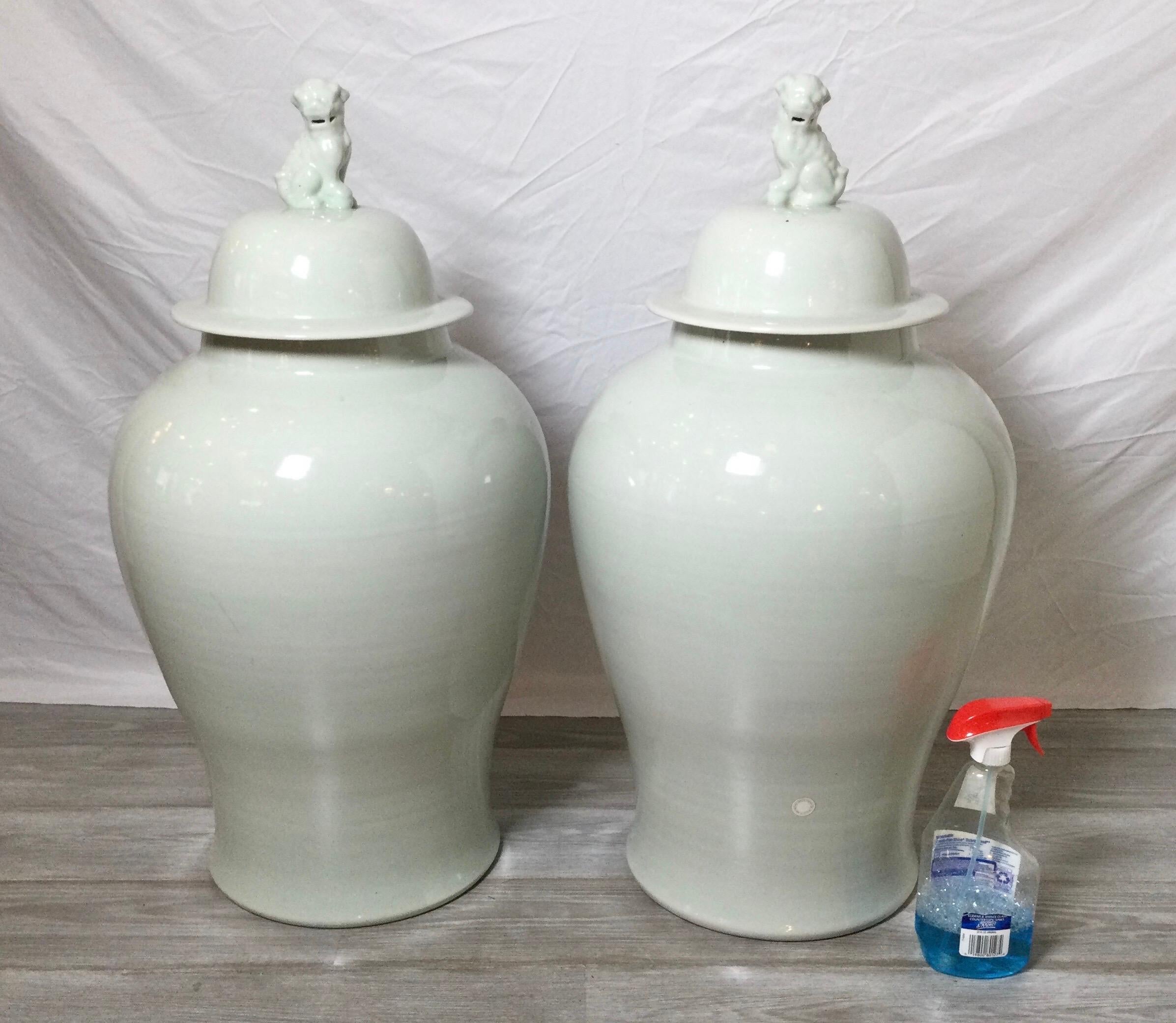Hong Kong Pair Of Off White Blanc De Chine Monumental Porcelain Temple Jars