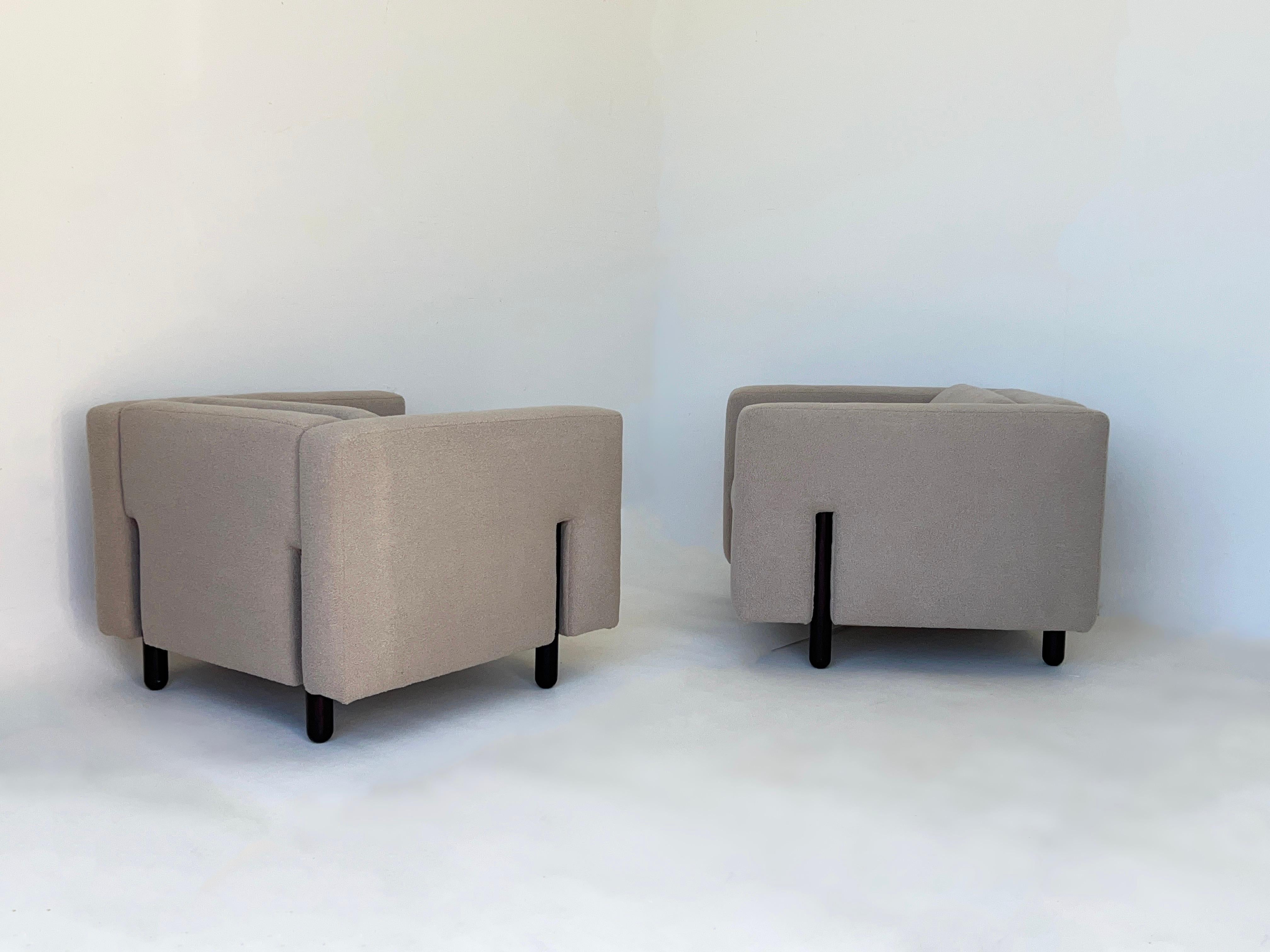 Swiss Pair of Off White Boucle and Rosewood Lounge Chairs 