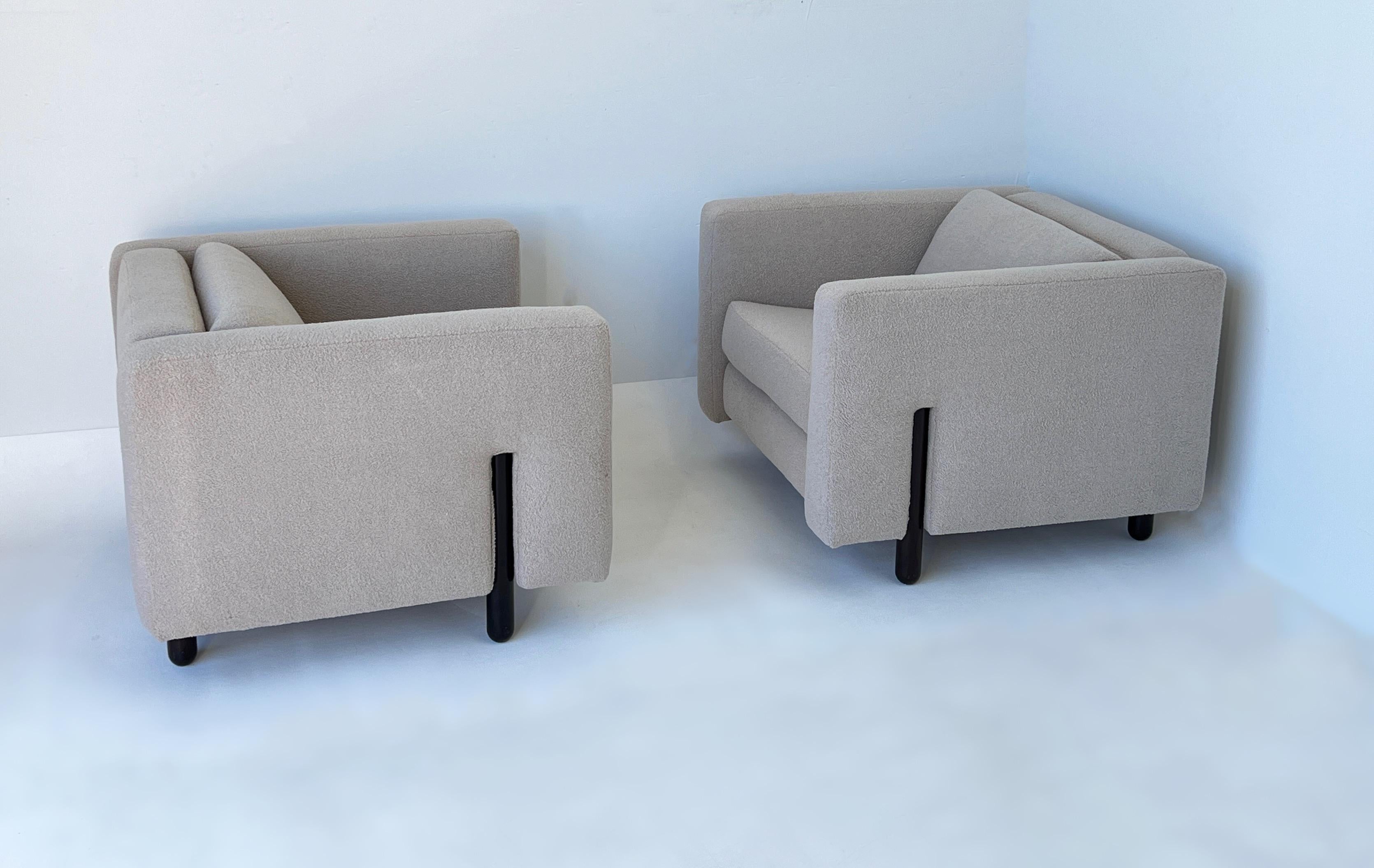 Bouclé Pair of Off White Boucle and Rosewood Lounge Chairs 