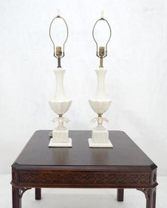 Pair of Off White Ceramic c1960s Lotus & Vase Style Table Lamps MINT