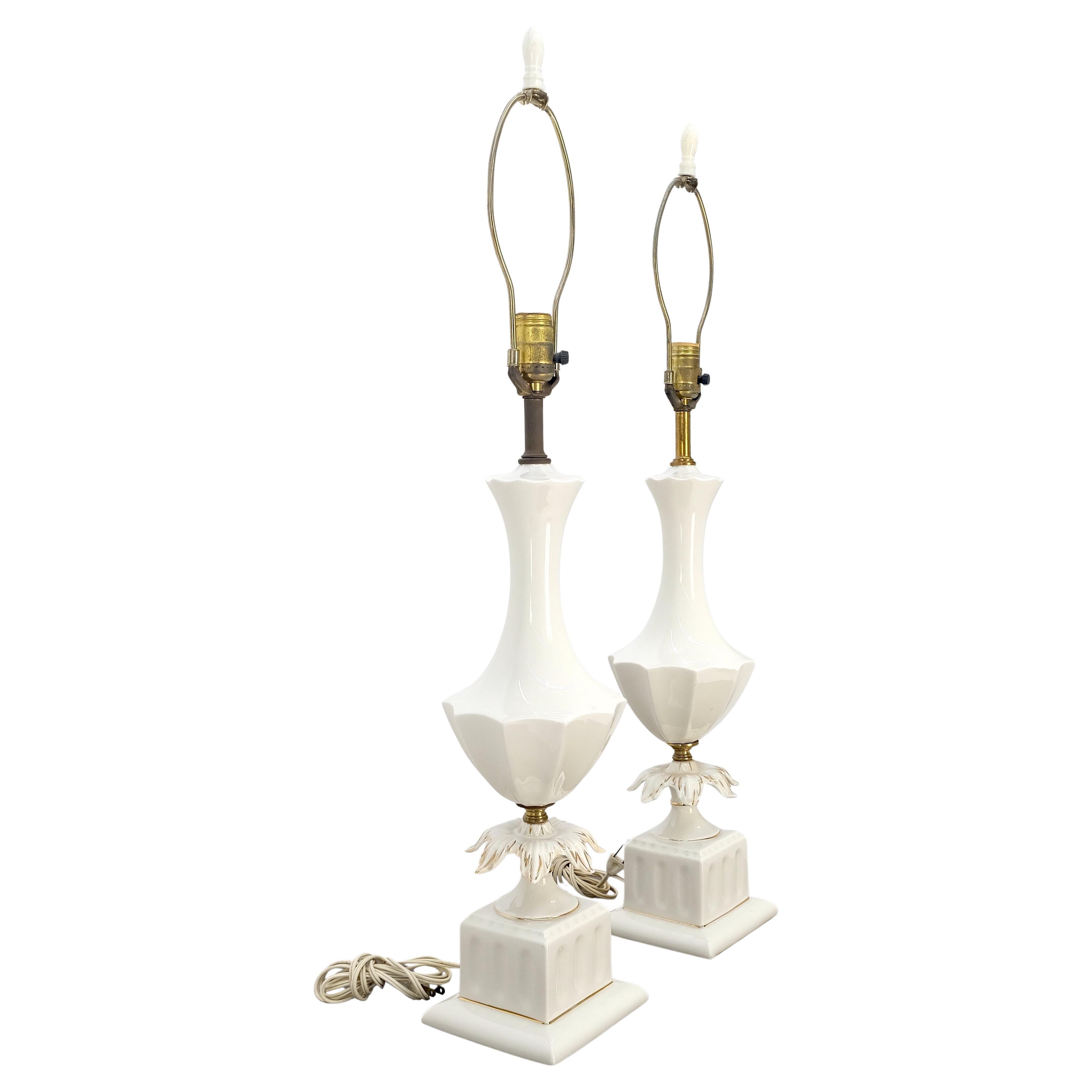 Pair of Off White Ceramic c1960s Lotus & Vase Style Table Lamps MINT