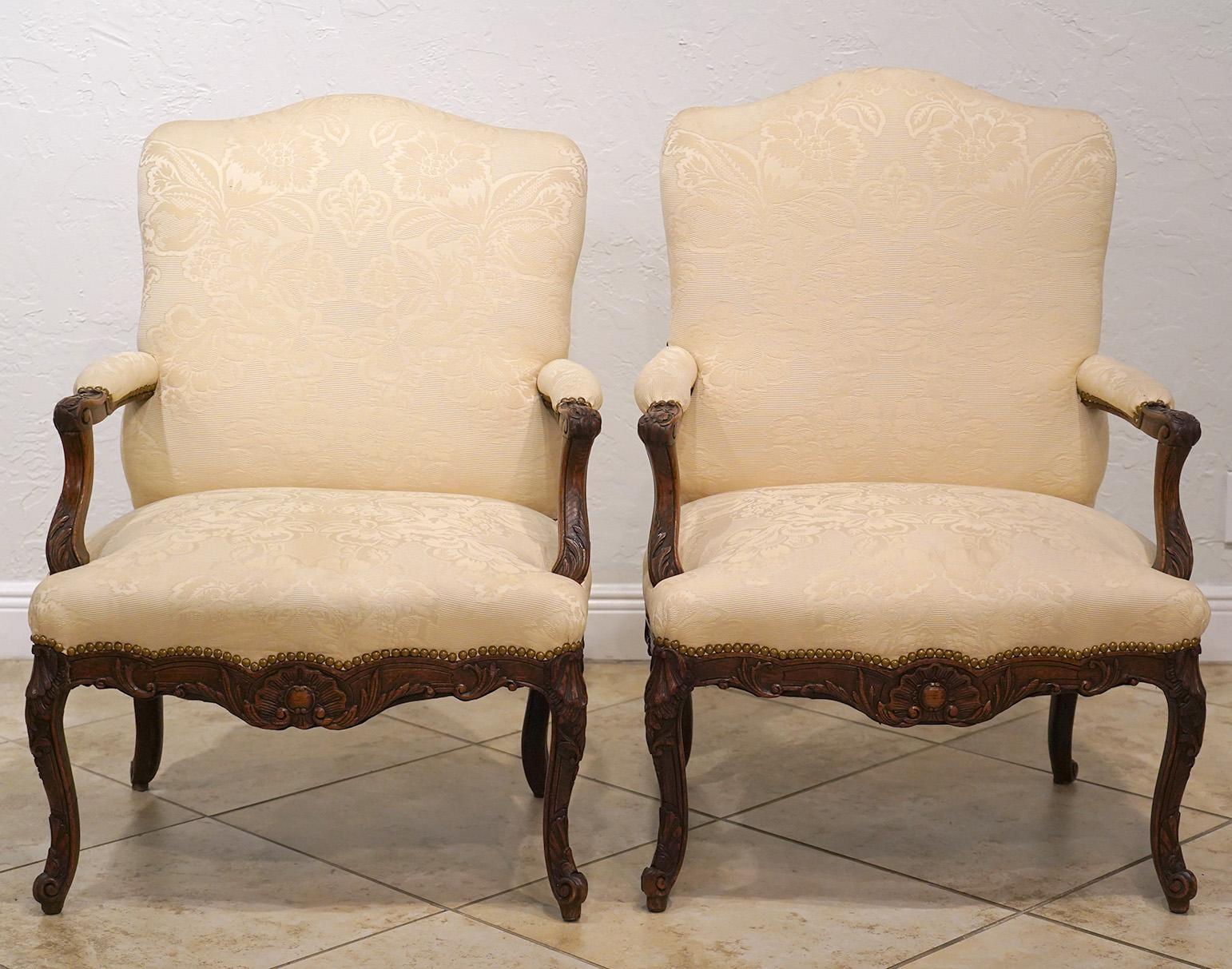 Pair of Off White Covered French Provincial 18th Century Carved Walnut Bergeres 5
