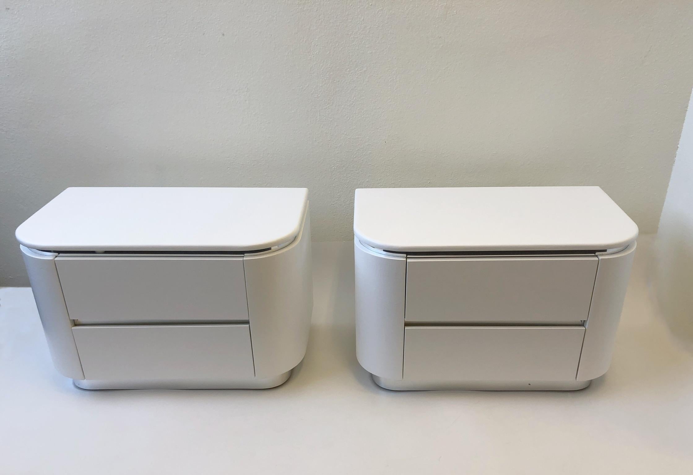 Lacquered Pair of Off White Lacquer and Chrome Nightstands by Steve Chase