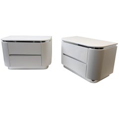 Pair of Off White Lacquer and Chrome Nightstands by Steve Chase