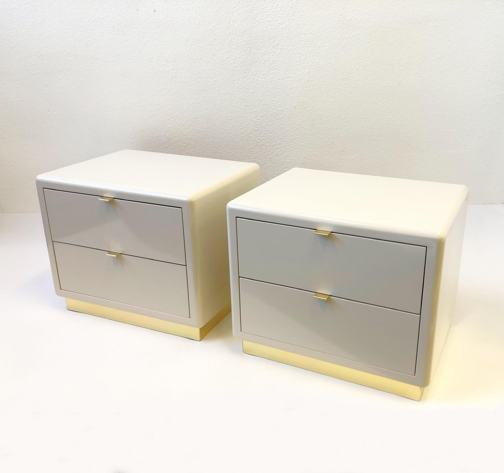 Modern Pair of off White Lacquered and Brass Nightstands by Steve Chase